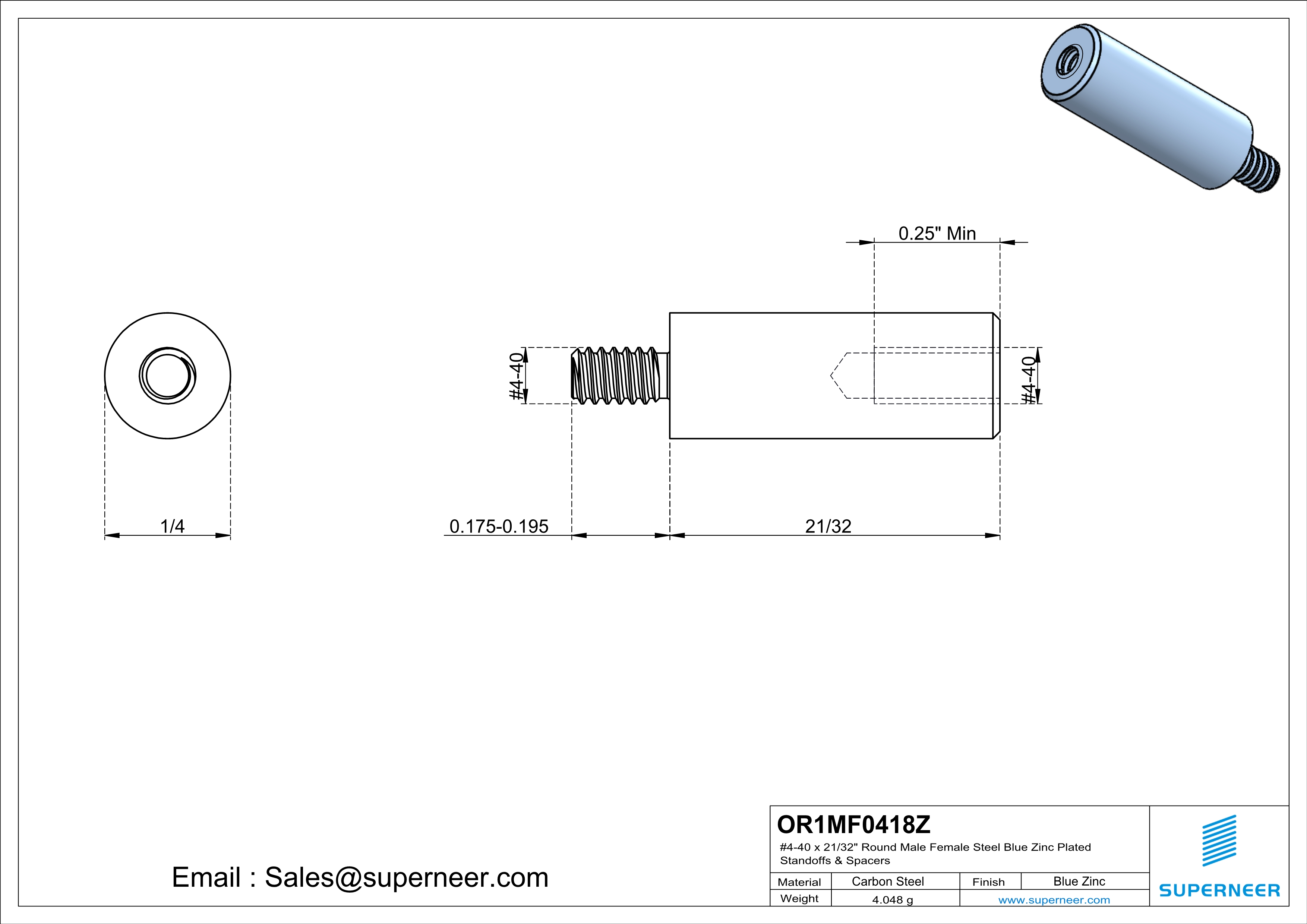 4-40 x 21/32" Round Male Female Steel Blue Zinc Plated Standoffs & Spacers