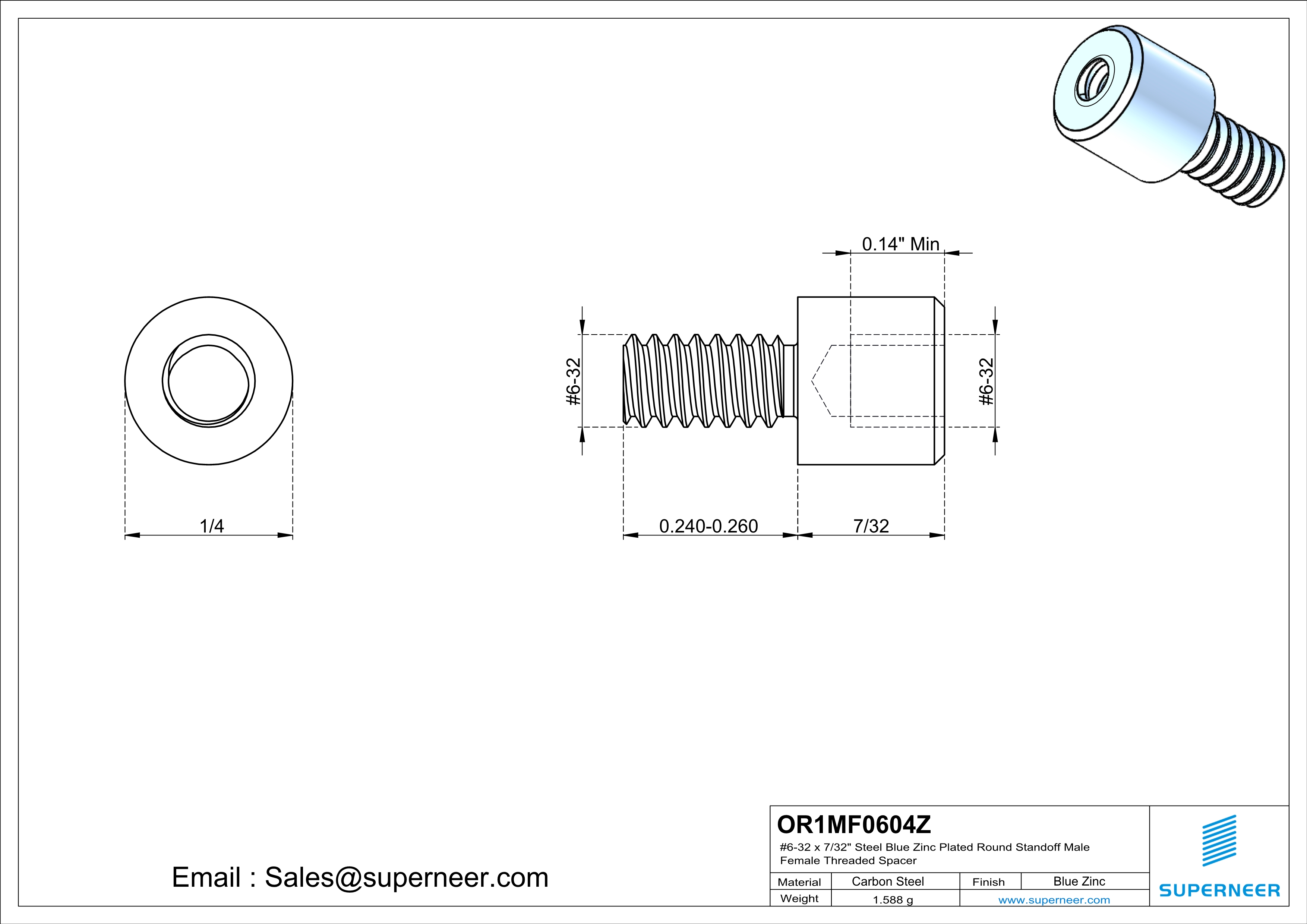 6-32 x 7/32" Steel Blue Zinc Plated Round Standoff Male Female Threaded Spacer