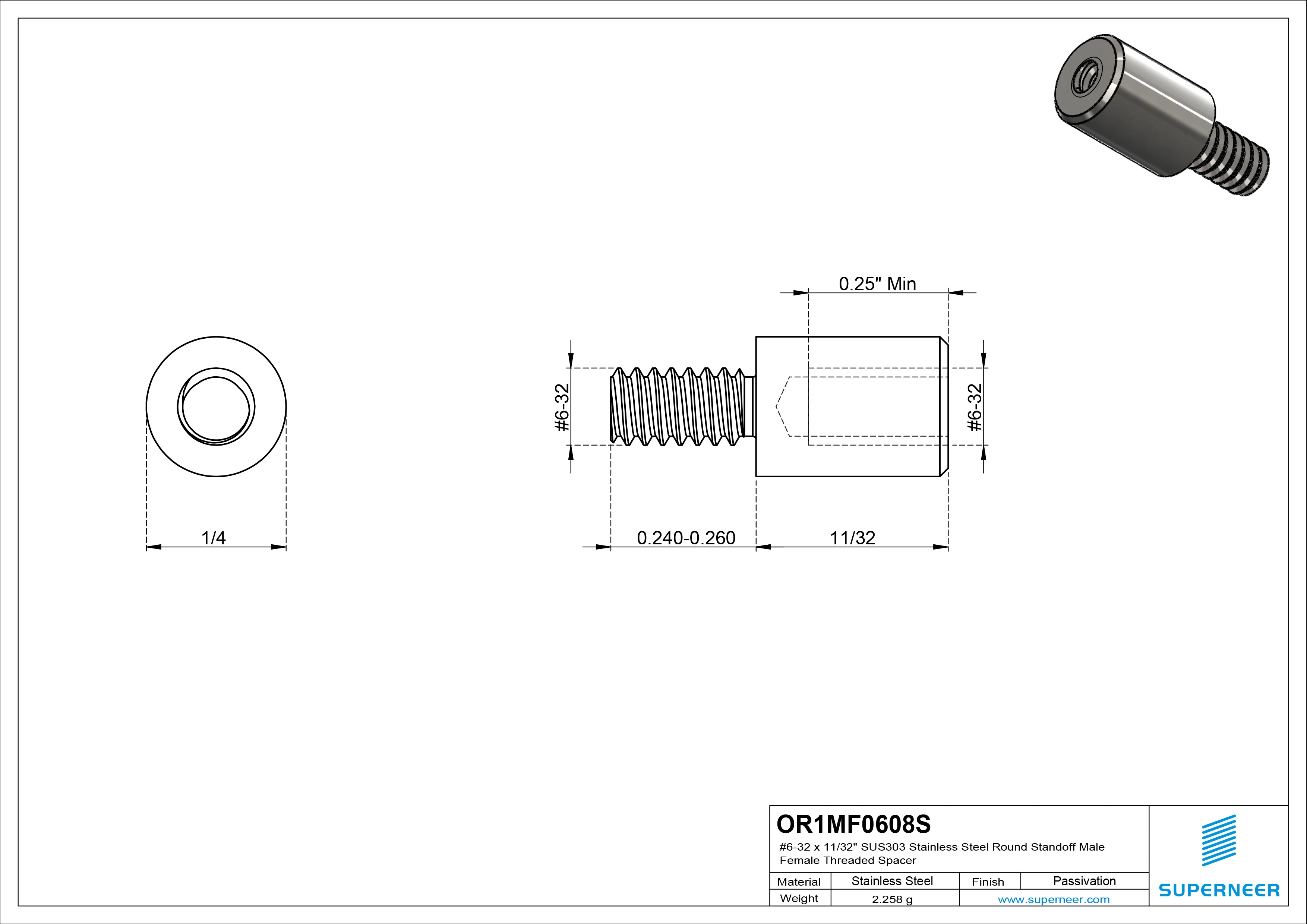 6-32 x 11/32" SUS303 Stainless Steel Inox Round Standoff Male Female Threaded Spacer