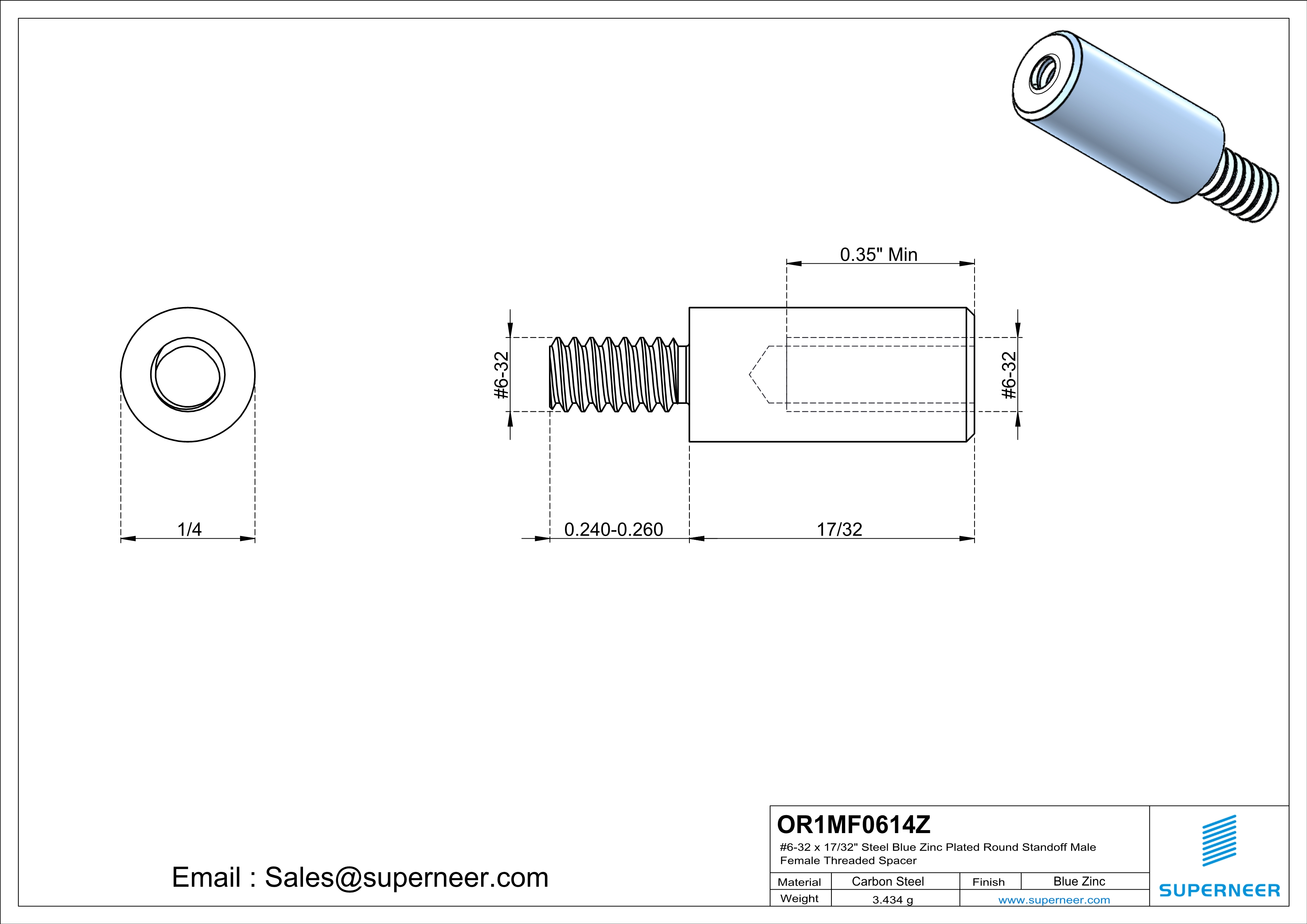6-32 x 17/32" Steel Blue Zinc Plated Round Standoff Male Female Threaded Spacer