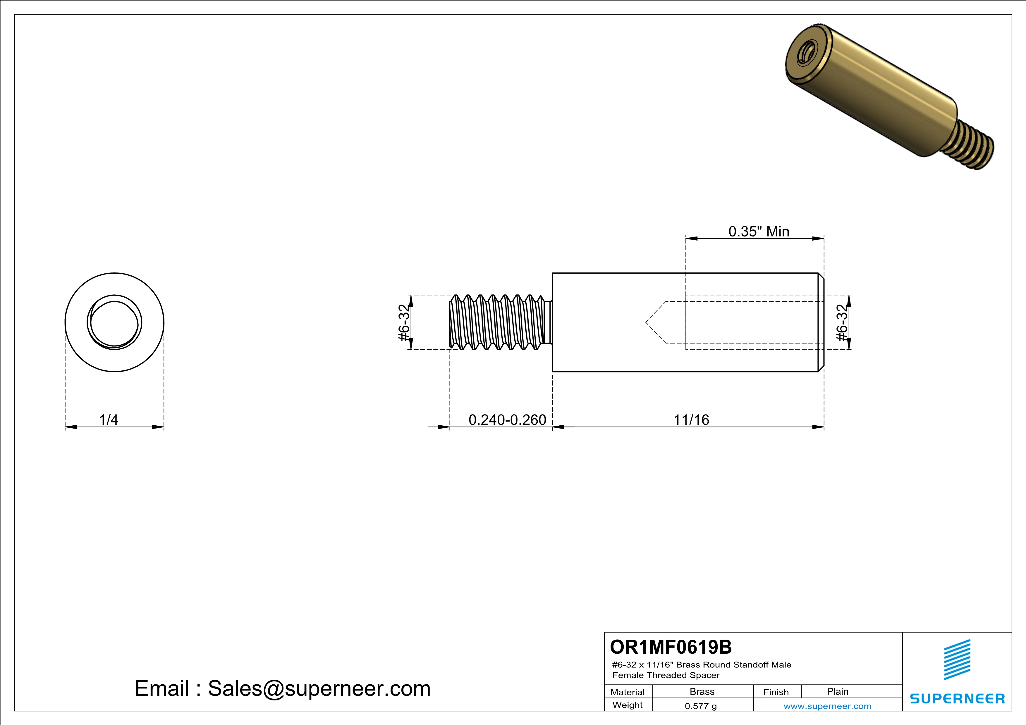 6-32 x 11/16" Brass Round Standoff Male Female Threaded Spacer