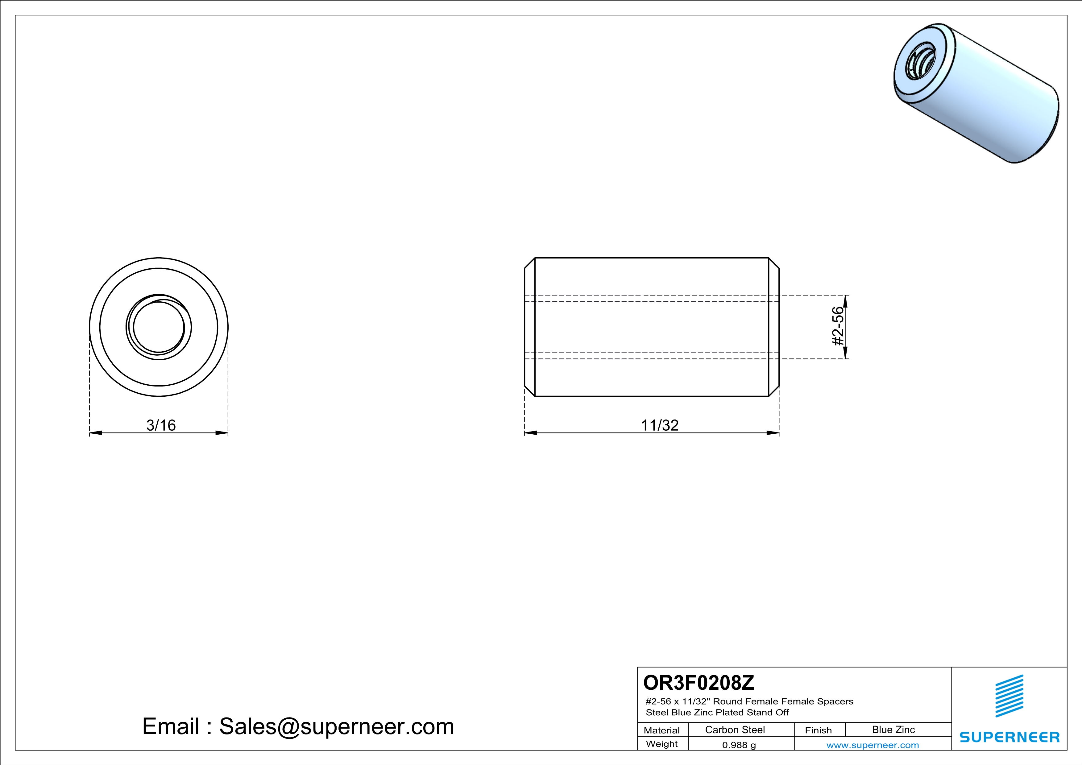 2-56 x 11/32" Round Female Female Spacers Steel Blue Zinc Plated Stand Off 