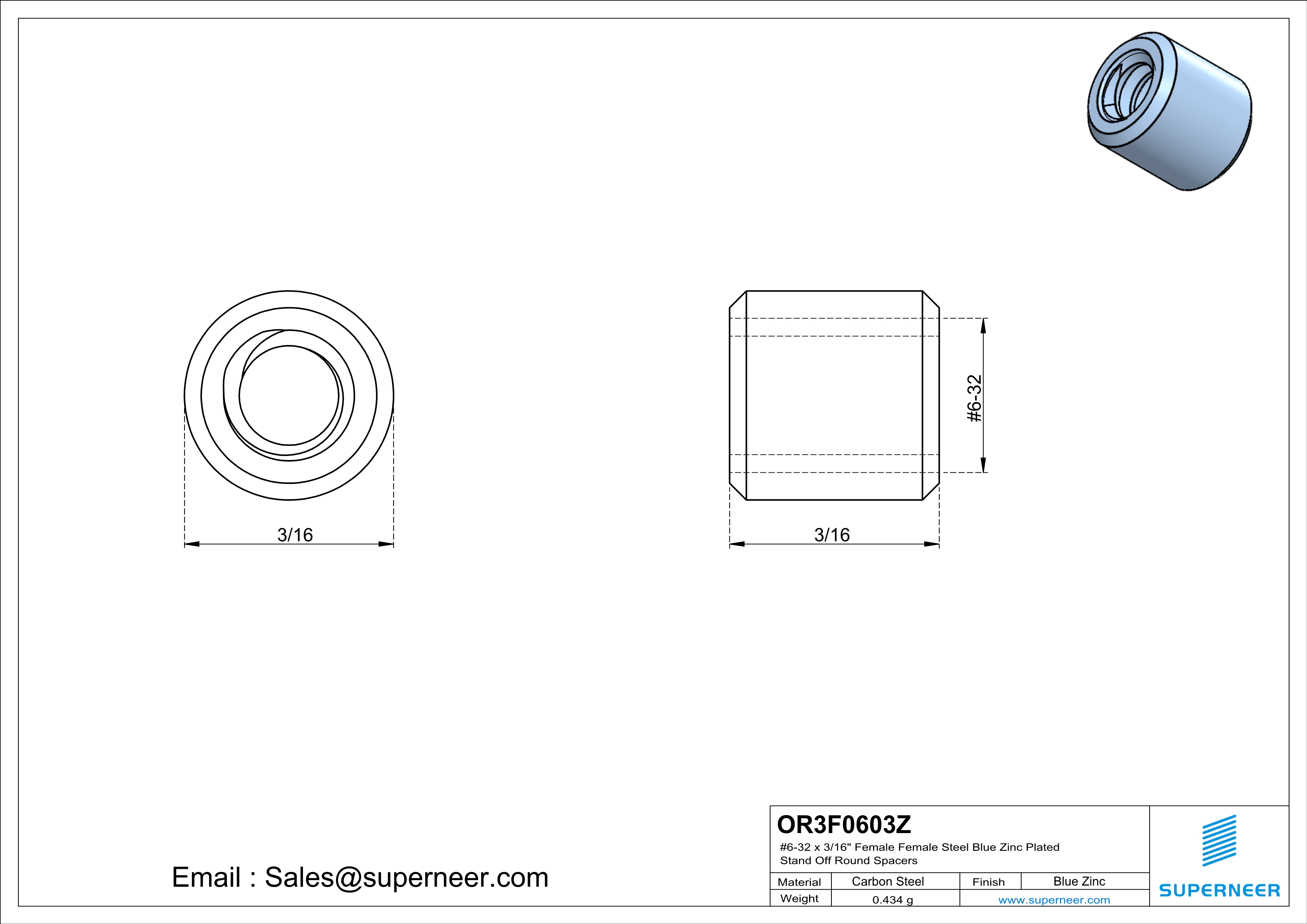 6-32 x 3/16" Female Female Steel Blue Zinc Plated Stand Off Round Spacers 