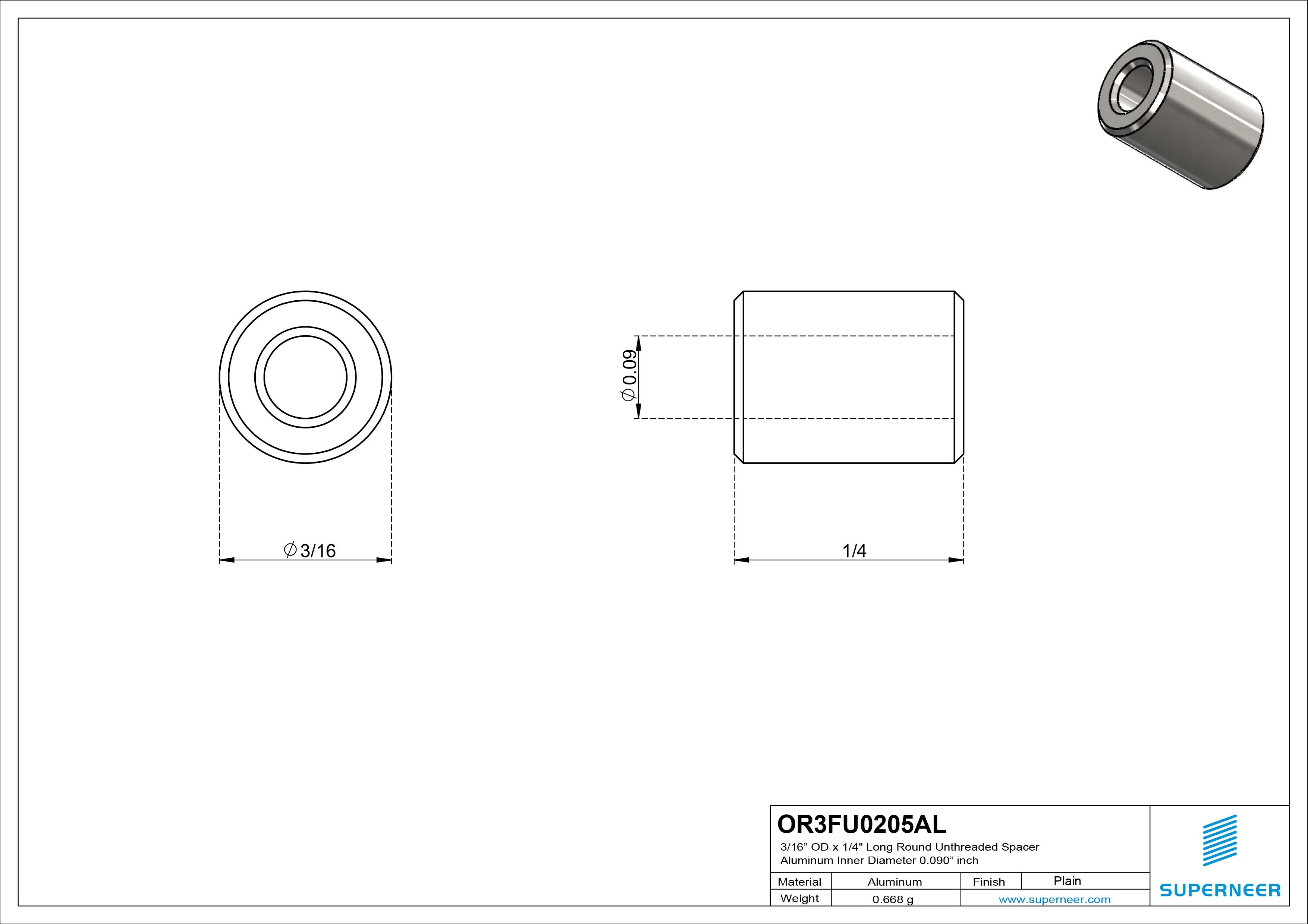 3/16" OD x 1/4" Long Round Unthreaded Spacer Aluminum for 2-56 screw (0.090” ID)