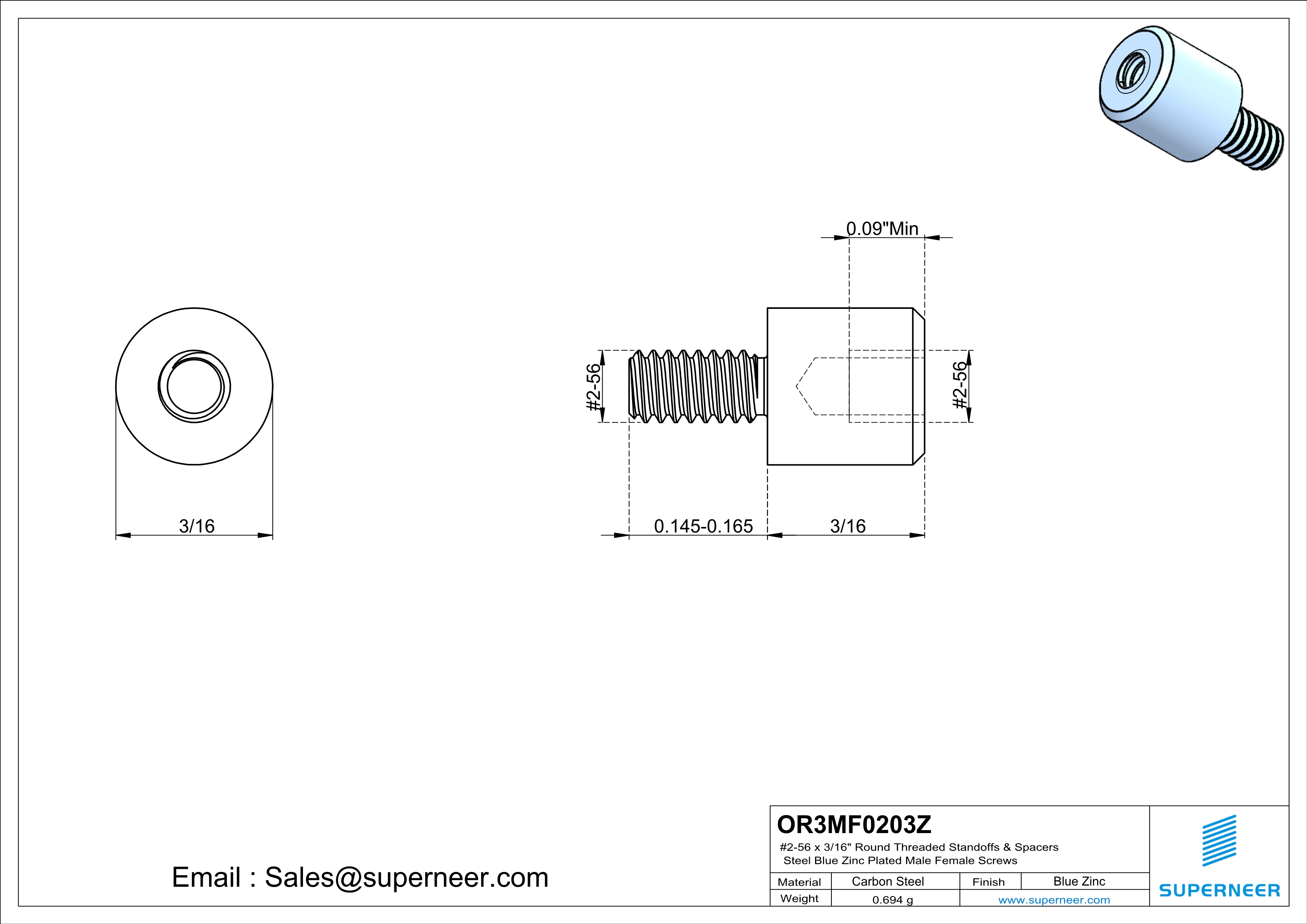 2-56 x 3/16" Round Threaded Standoffs & Spacers Steel Blue Zinc Plated Male Female Screws