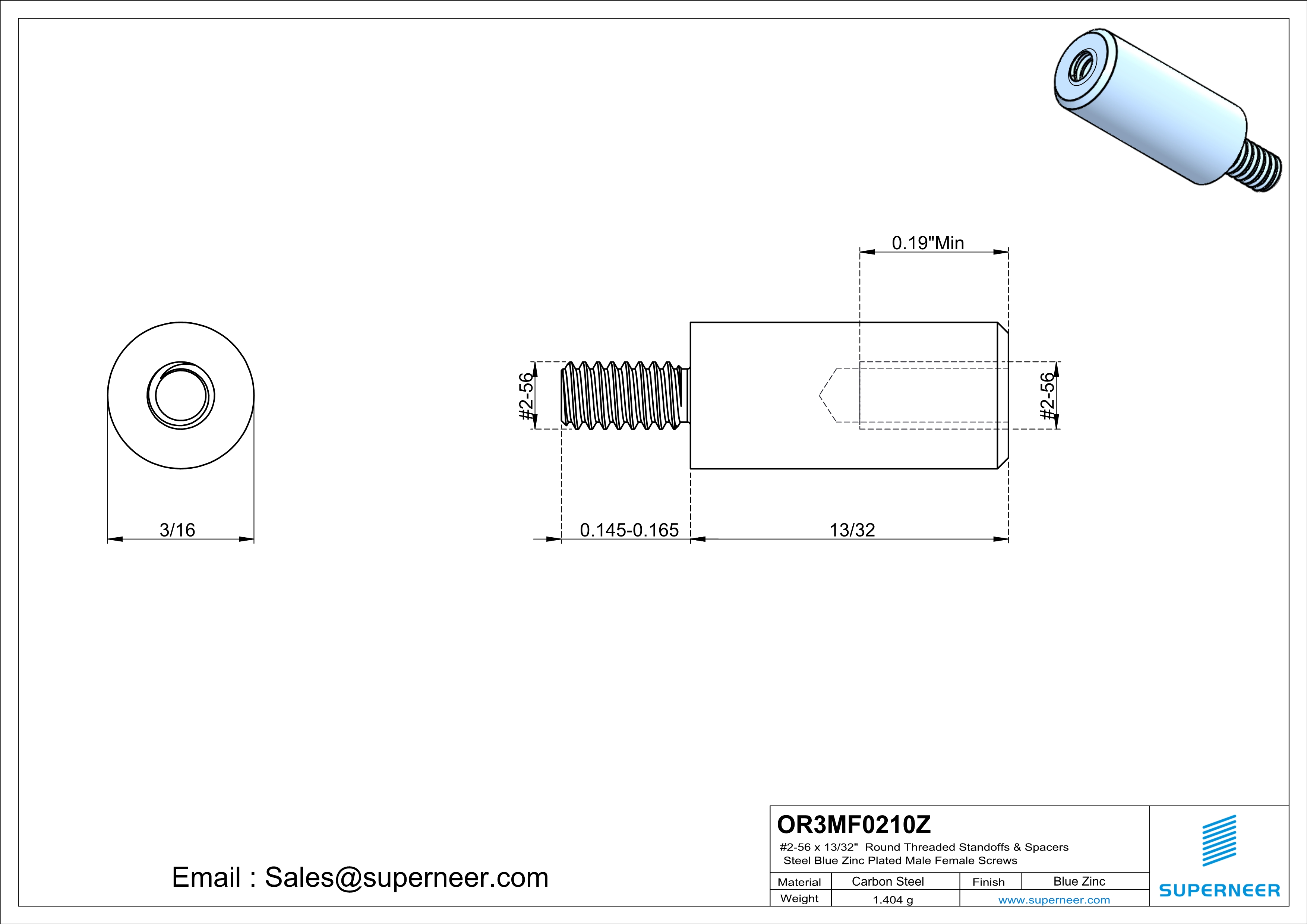 2-56 x 13/32" Round Threaded Standoffs & Spacers Steel Blue Zinc Plated Male Female Screws