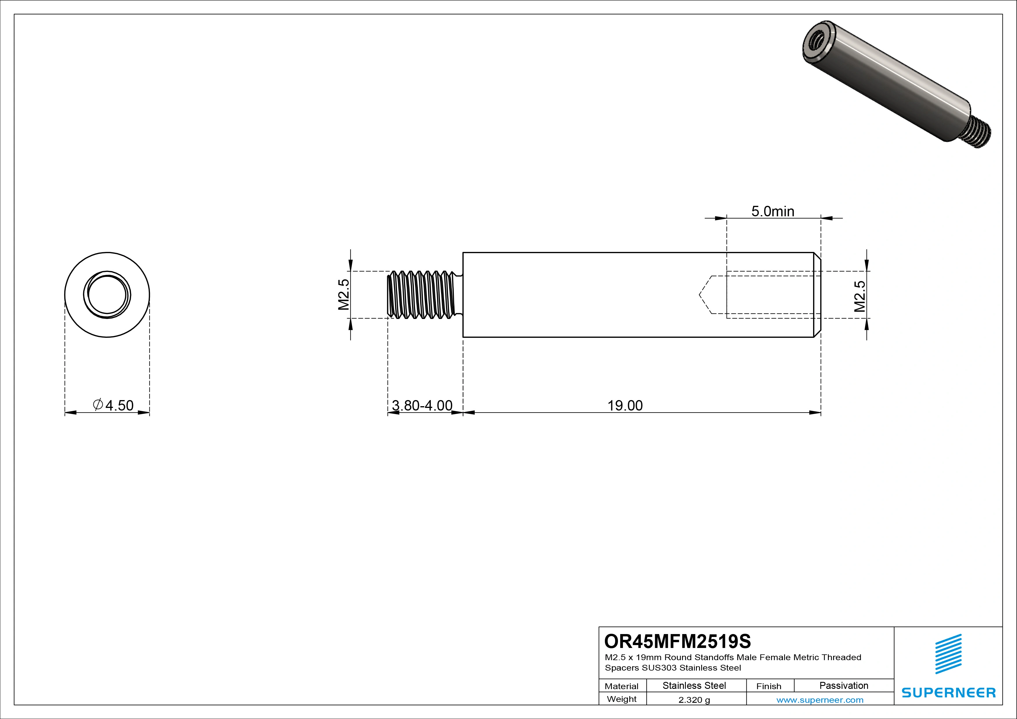 M2.5 x 19mm Round Standoffs Male Female Metric Threaded Spacers