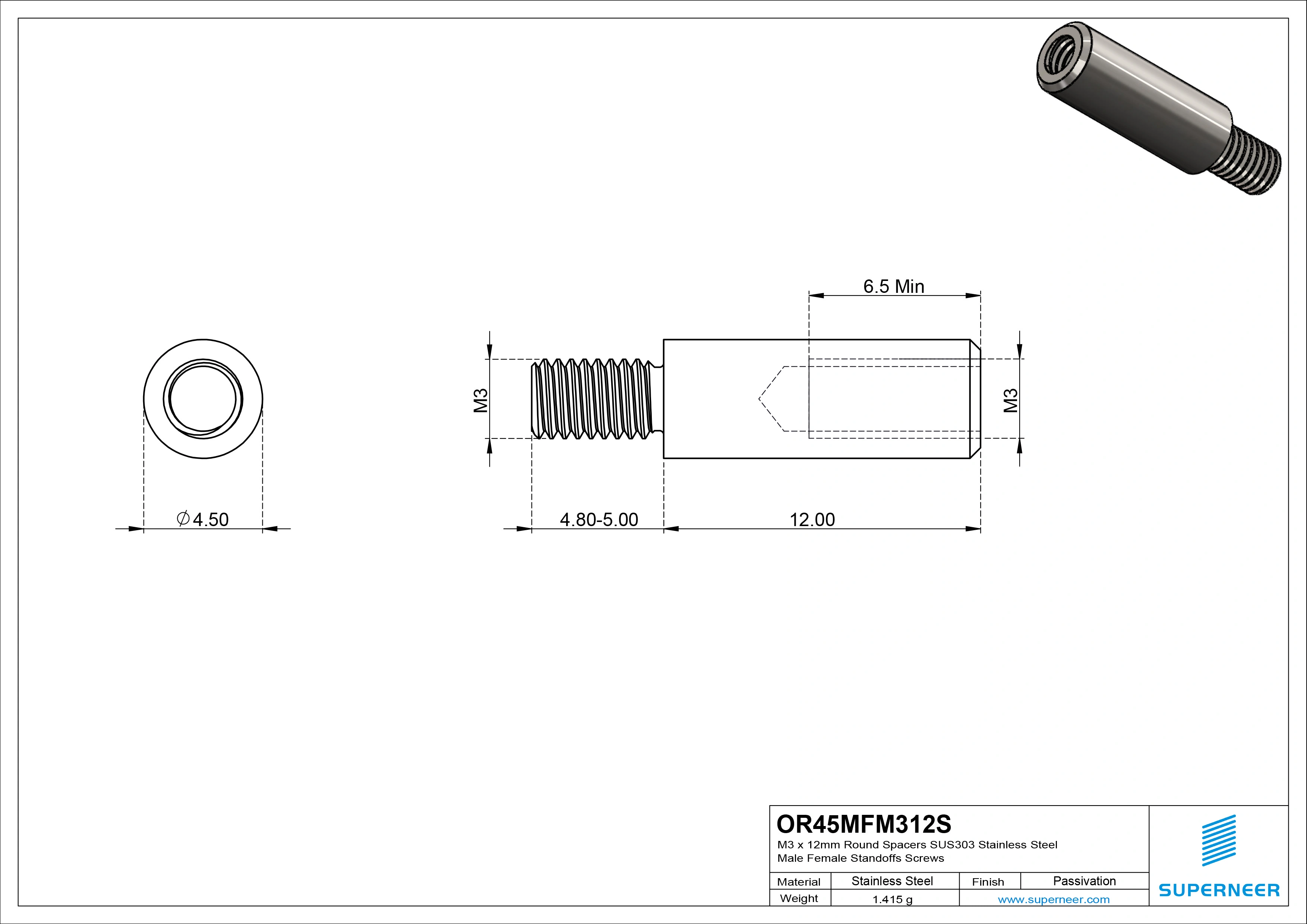 M3 x 12mm Round Spacers SUS303 Stainless Steel Inox Male Female Standoffs Screws