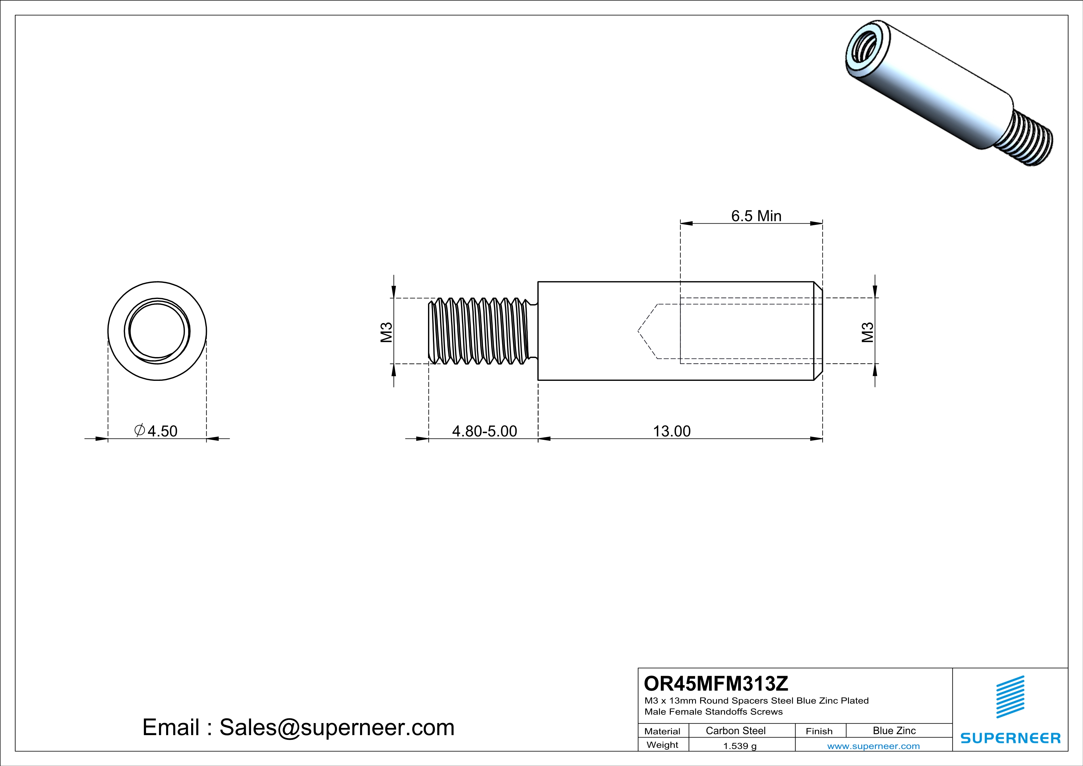 M3 x 13mm Round Spacers Steel Blue Zinc Plated Male Female Standoffs Screws