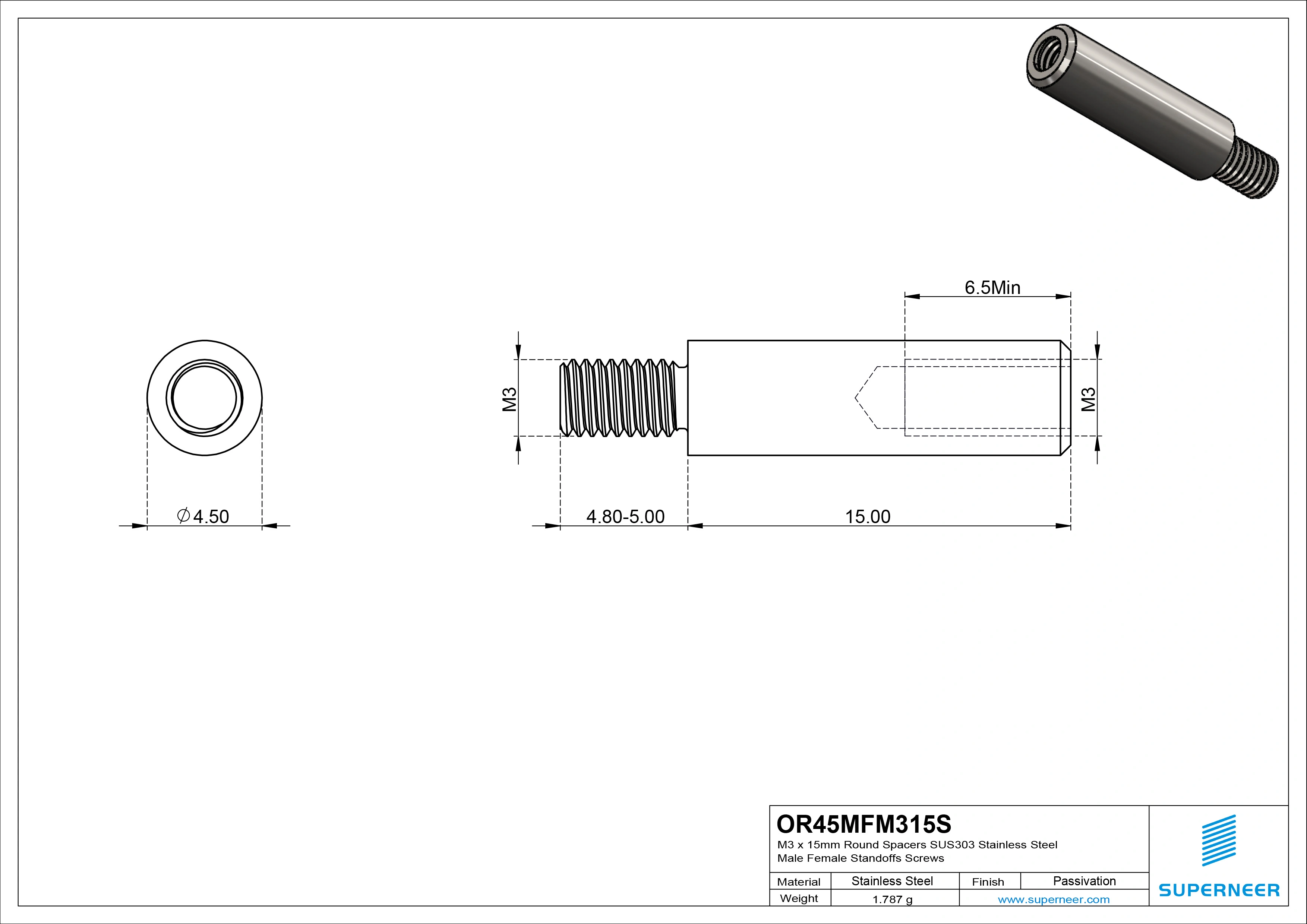 M3 x 15mm Round Spacers SUS303 Stainless Steel Inox Male Female Standoffs Screws