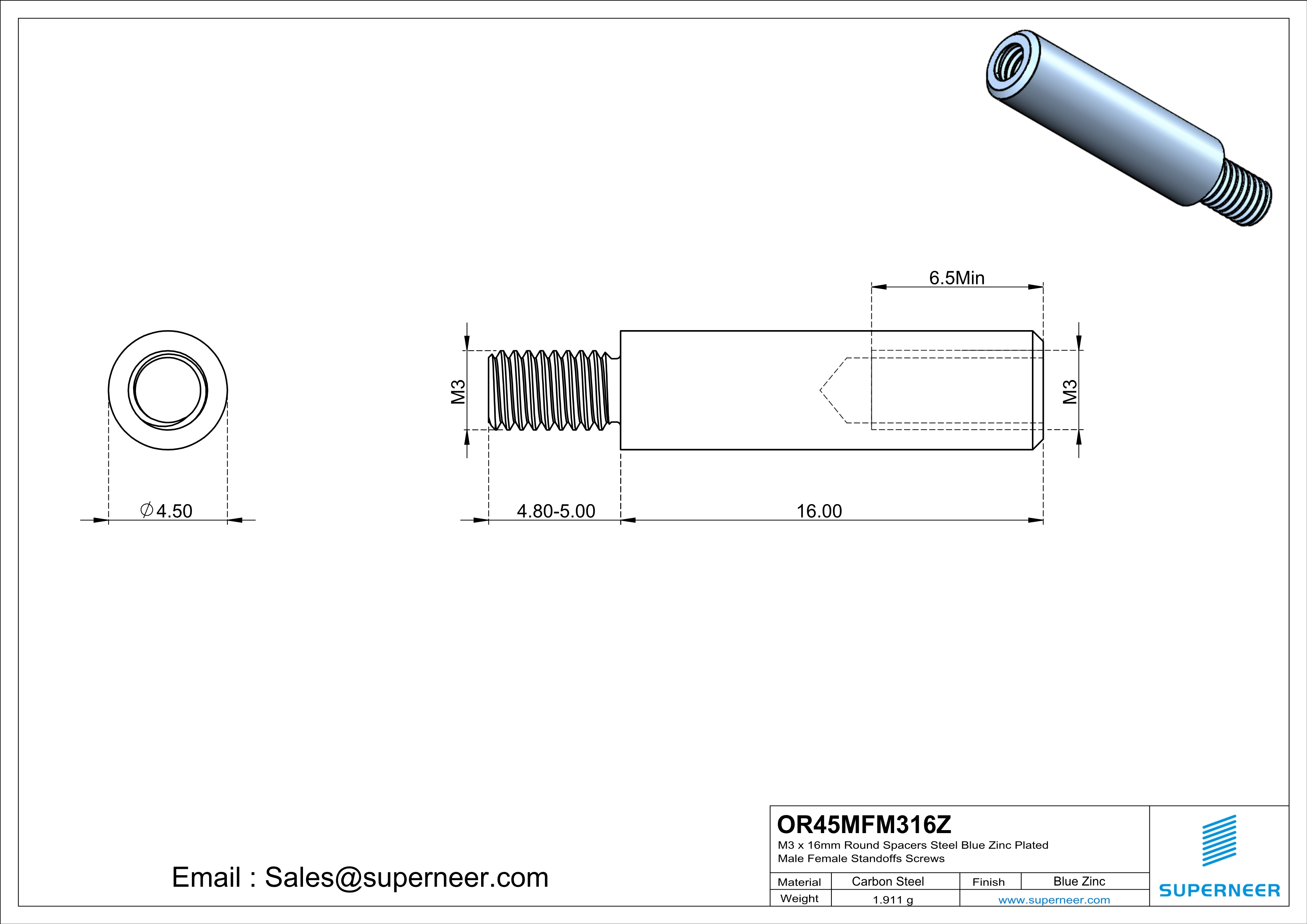 M3 x 16mm Round Spacers Steel Blue Zinc Plated Male Female Standoffs Screws