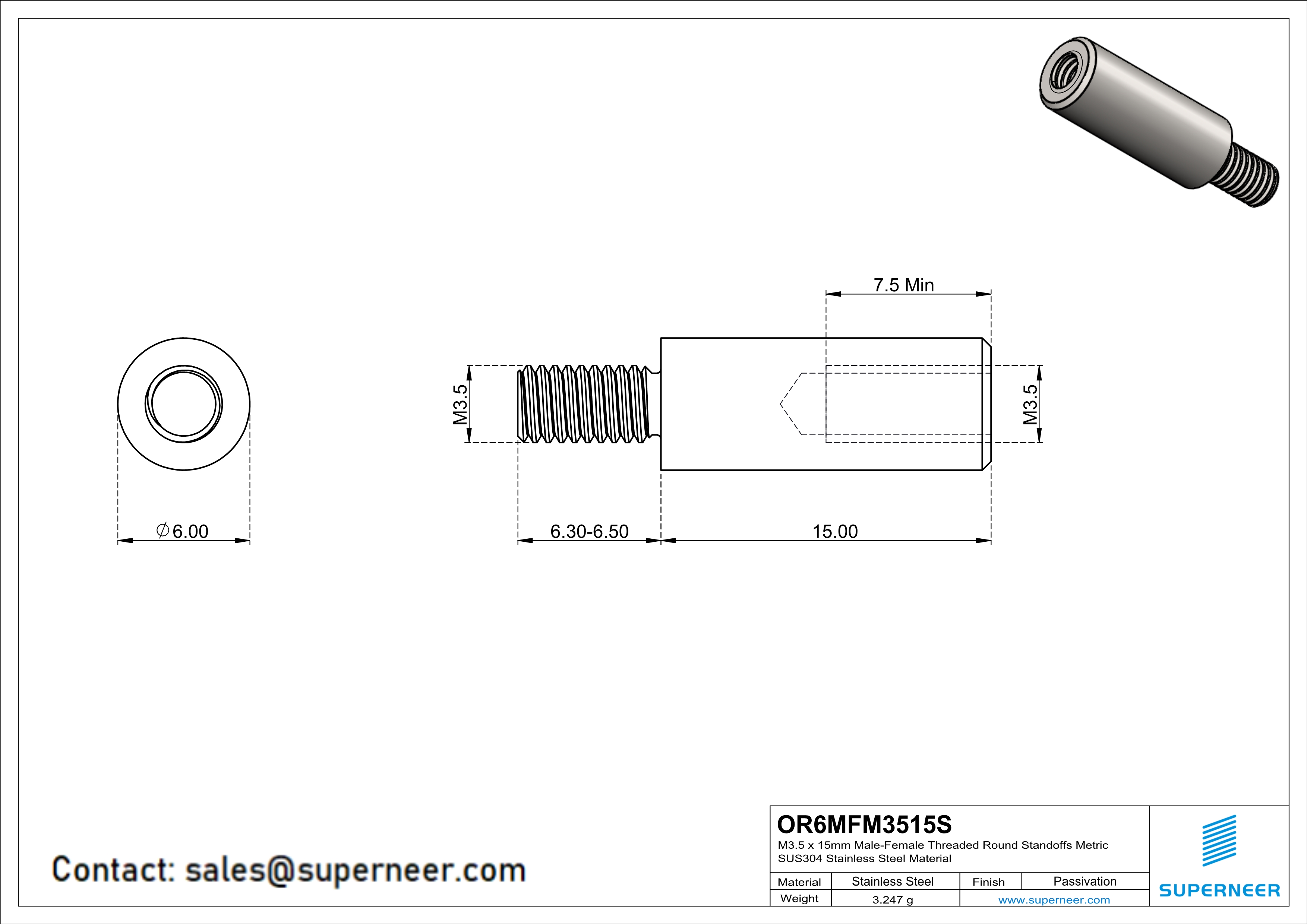 M3.5 x 15mm Male-Female Threaded Round Standoffs Metric SUS303 Stainless Steel Inox Material