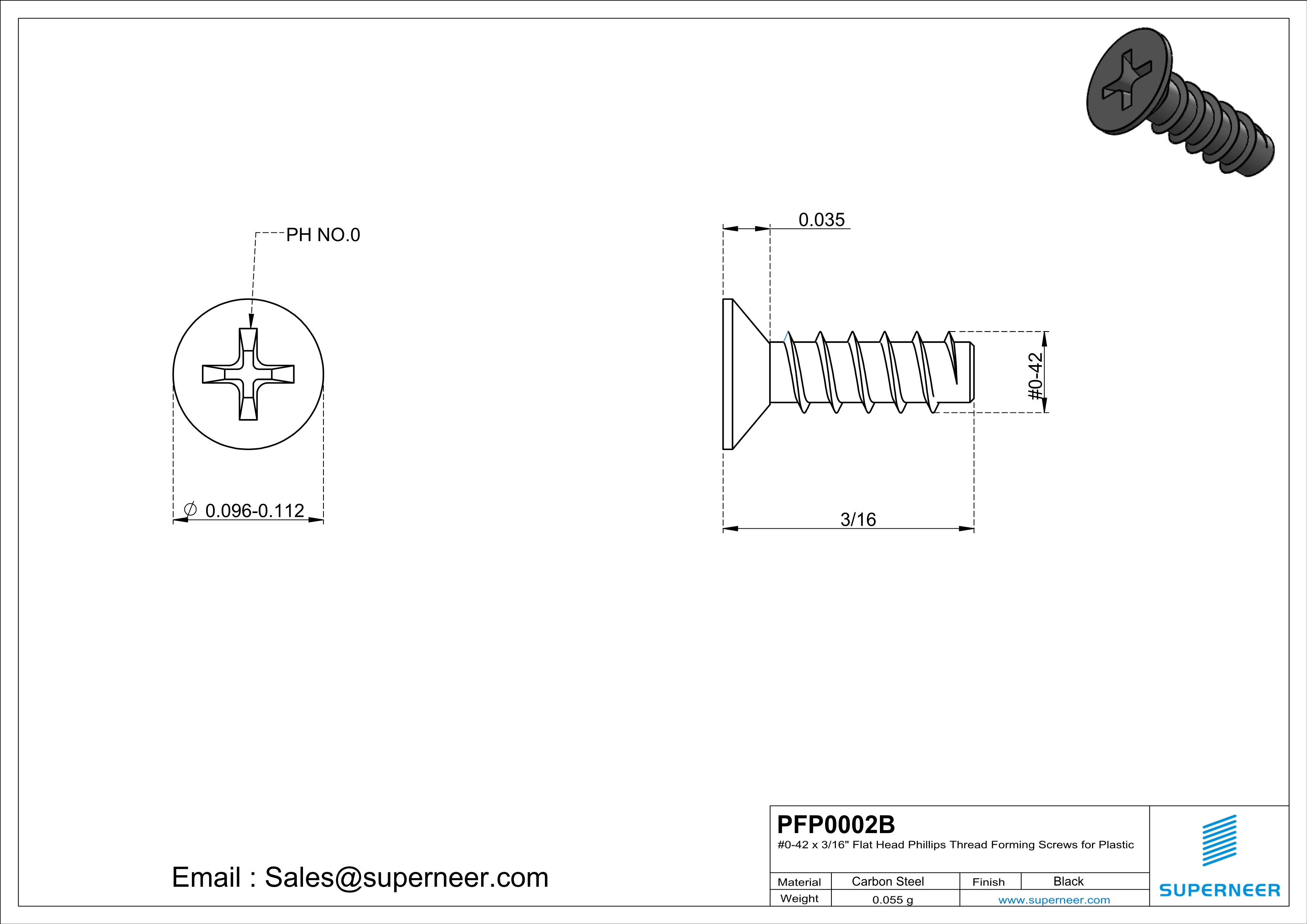 0 &times; 5/32" Flat Head Phillips Thread Forming inch Screws for Plastic  Steel Black