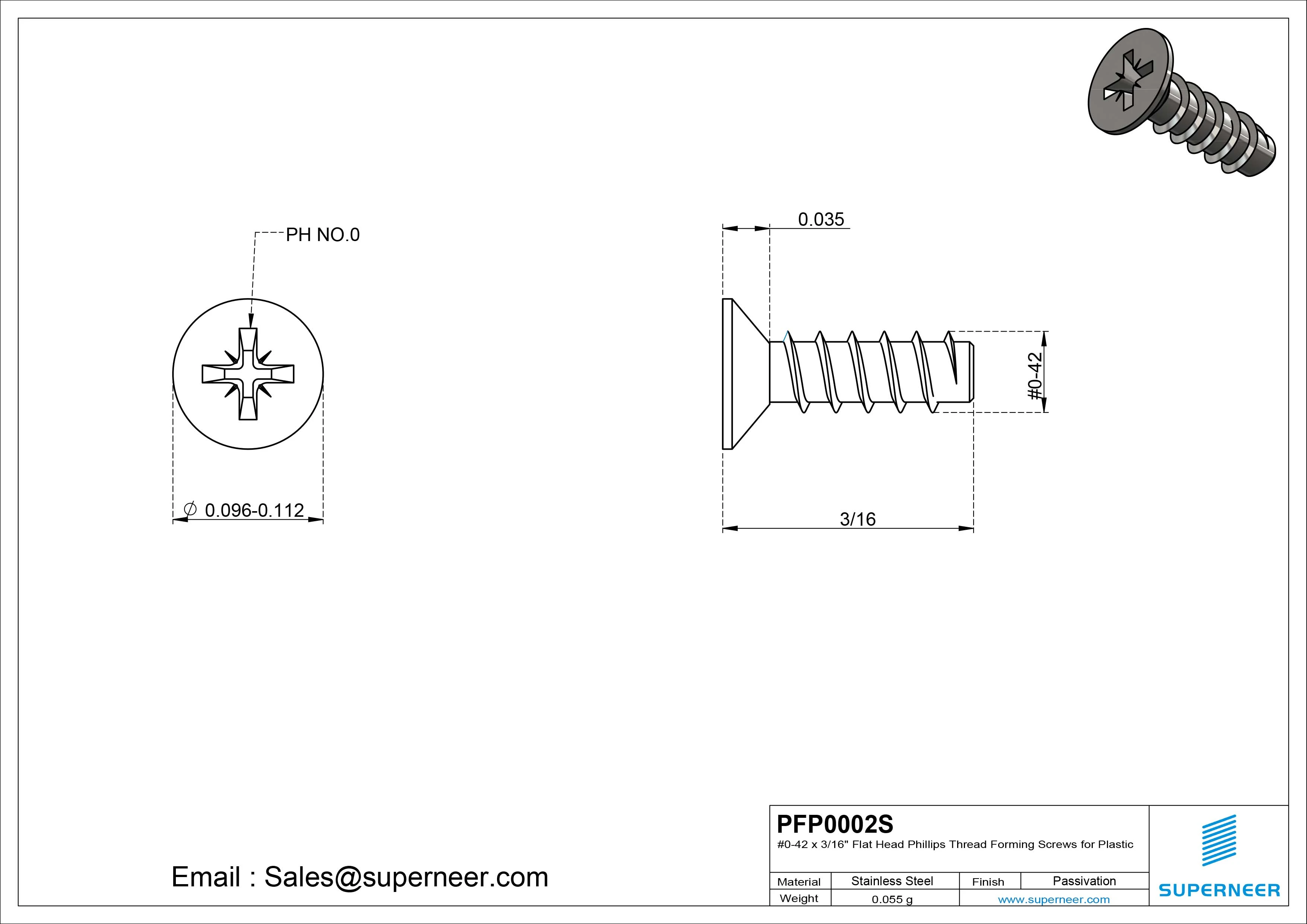 0 &times; 5/32" Flat Head Phillips Thread Forming inch Screws for Plastic  SUS304 Stainless Steel Inox