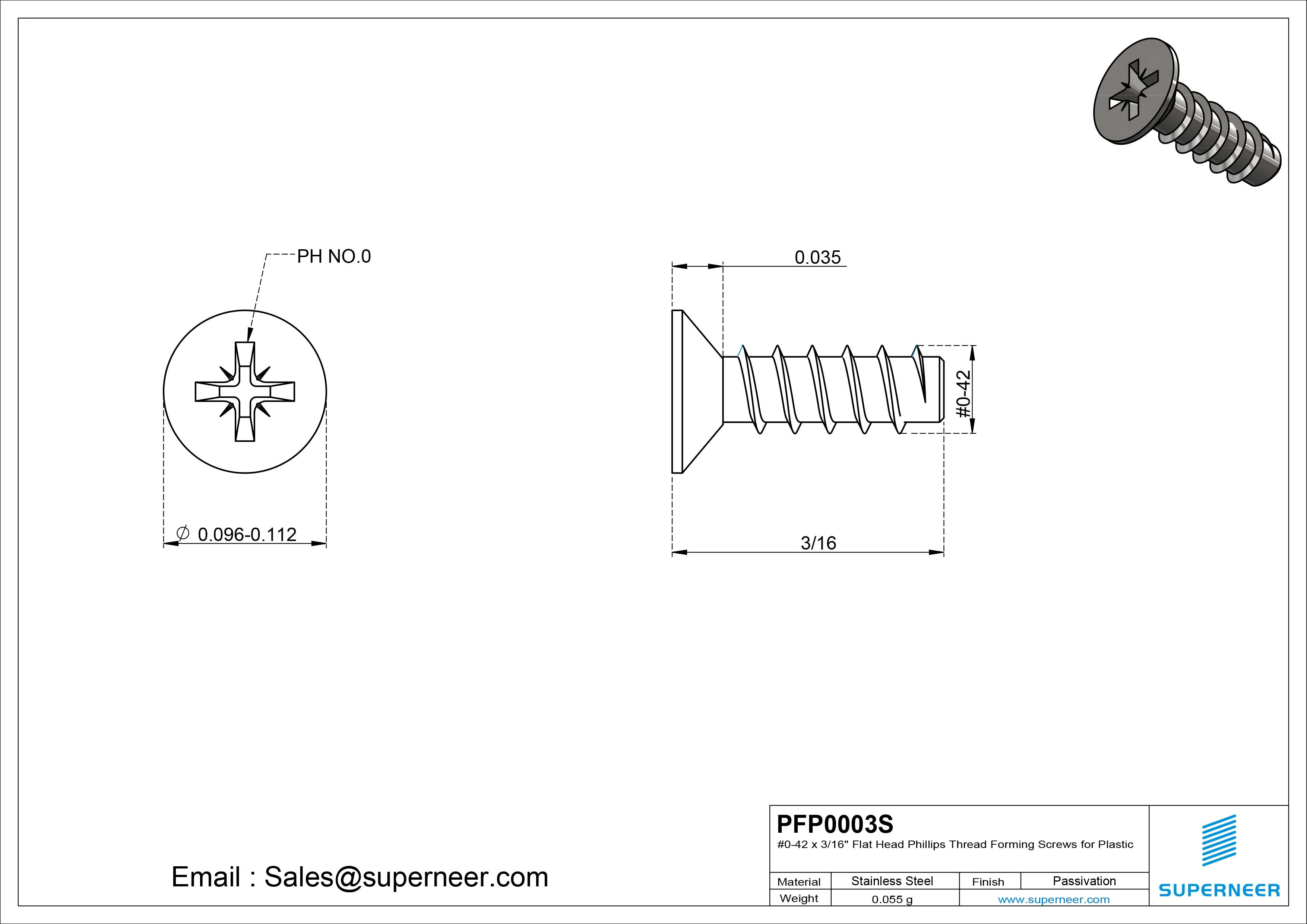 0 &times; 3/16" Flat Head Phillips Thread Forming  inch Screws for Plastic  SUS304 Stainless Steel Inox
