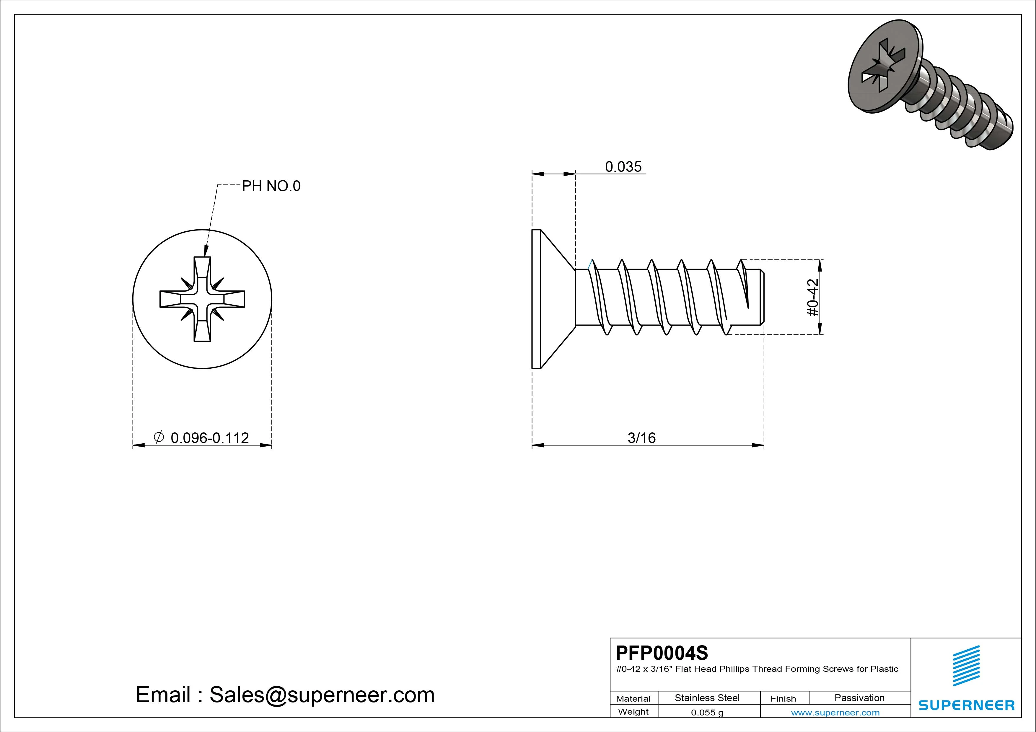 0 &times; 1/4" Flat Head Phillips Thread Forming inch Screws for Plastic  SUS304 Stainless Steel Inox