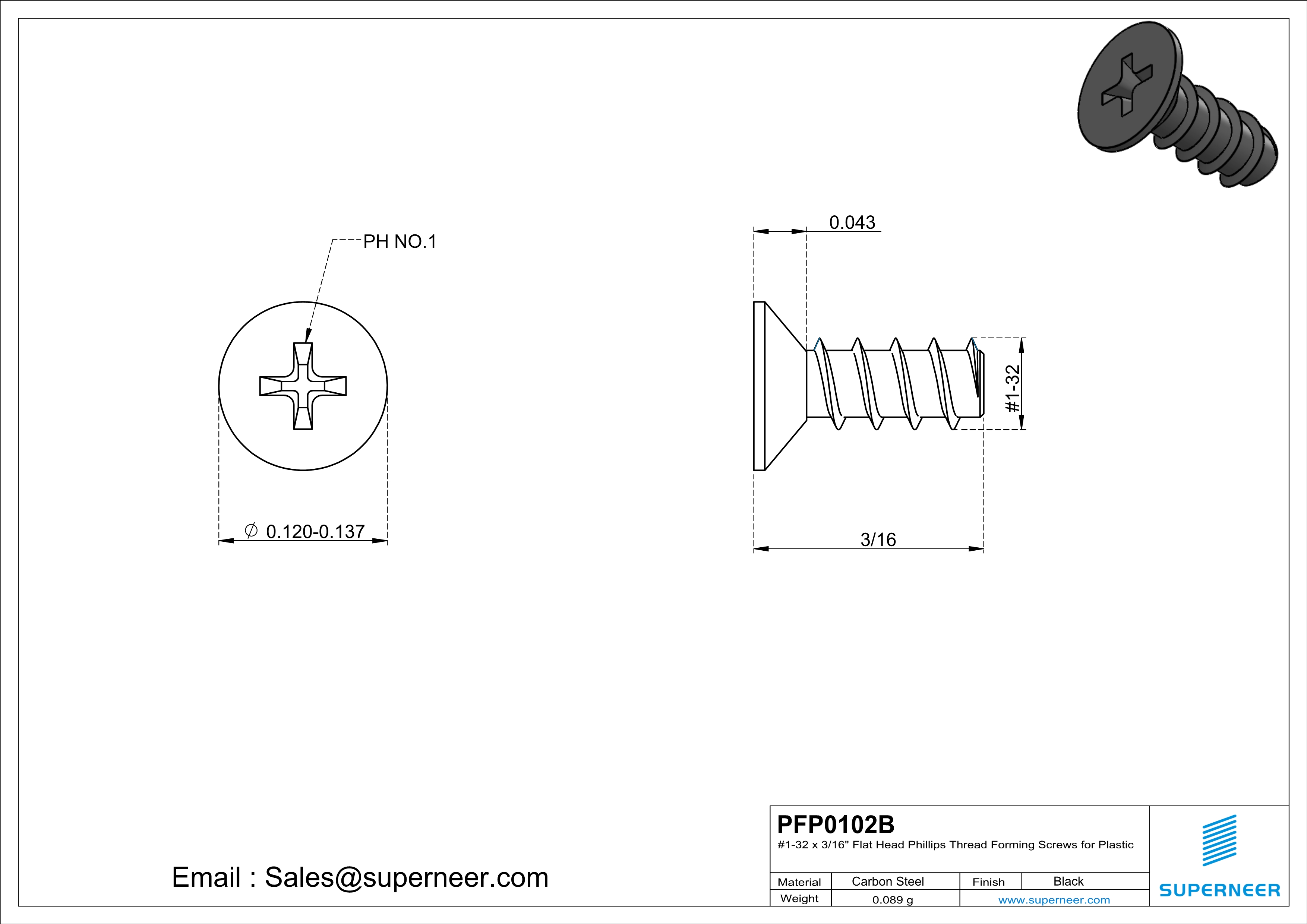 1 &times; 5/32" Flat Head Phillips Thread Forming inch Screws for Plastic  Steel Black