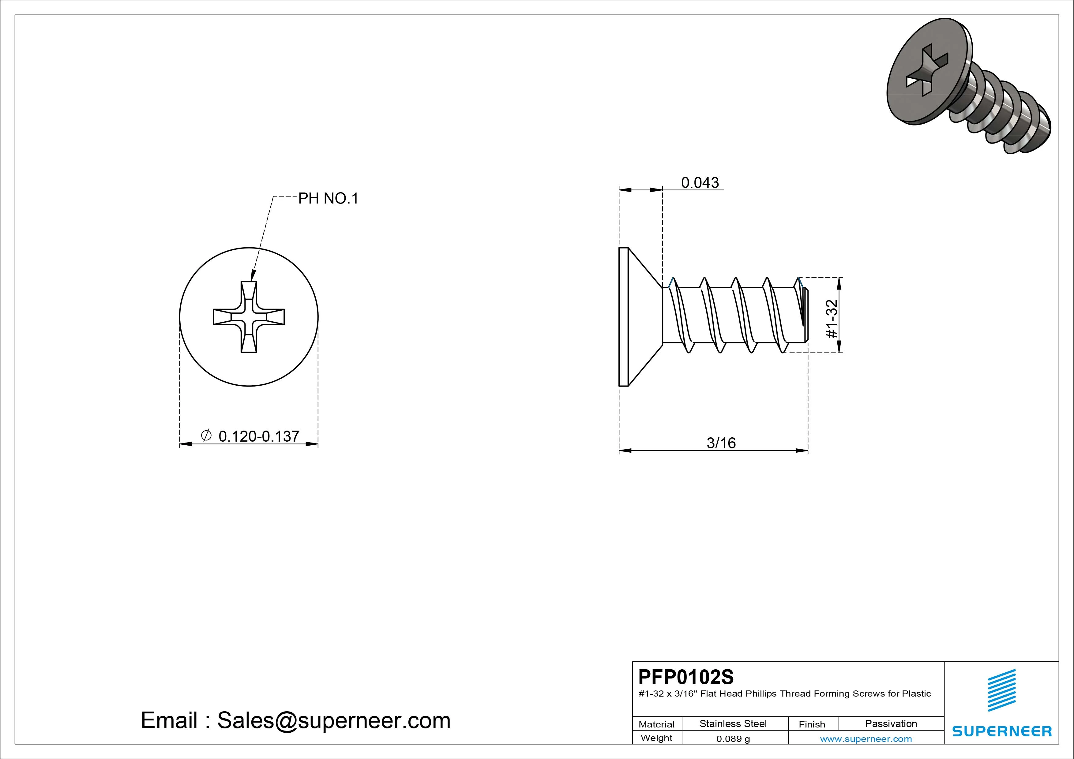 1 &times; 5/32" Flat Head Phillips Thread Forming inch Screws for Plastic  SUS304 Stainless Steel Inox
