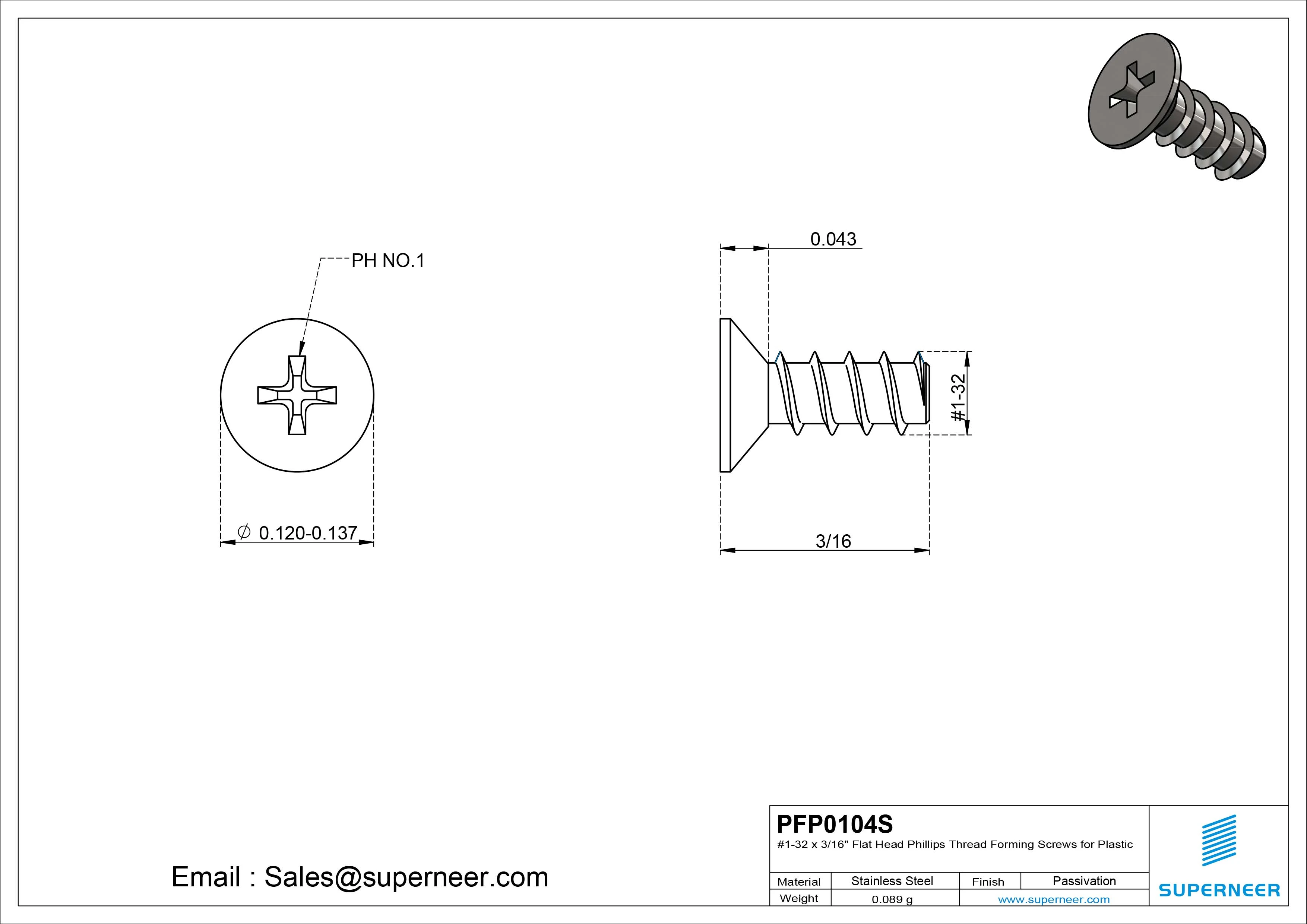 1 &times; 1/4" Flat Head Phillips Thread Forming inch Screws for Plastic  SUS304 Stainless Steel Inox