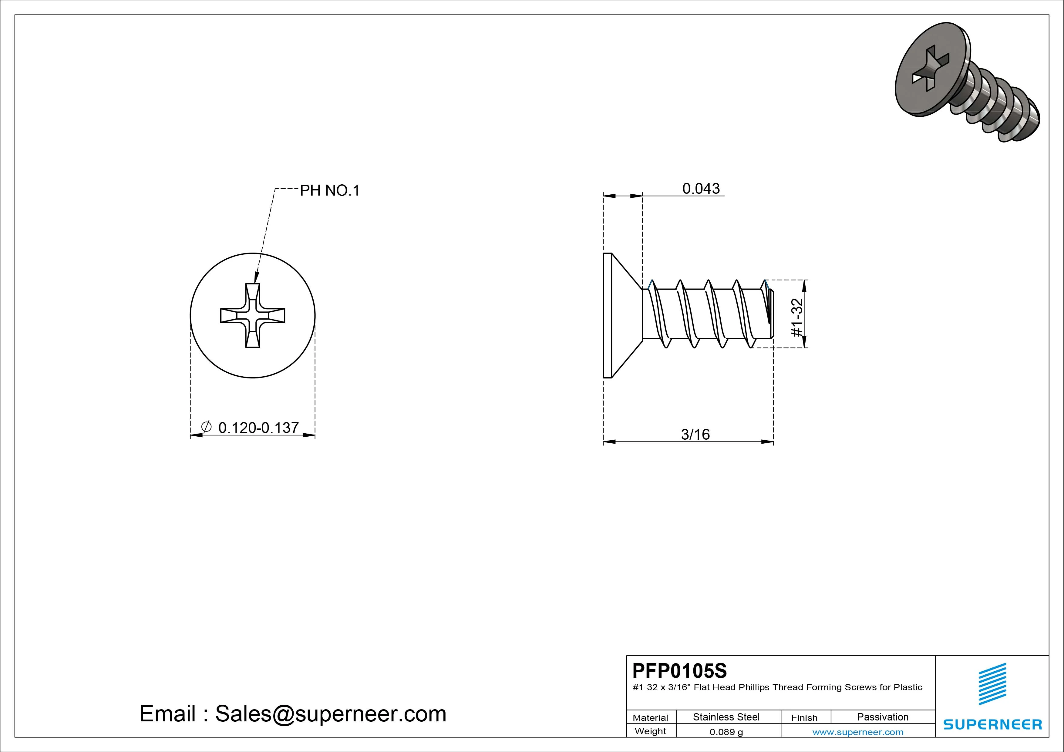 1 &times; 5/16" Flat Head Phillips Thread Forming inch Screws for Plastic  SUS304 Stainless Steel Inox