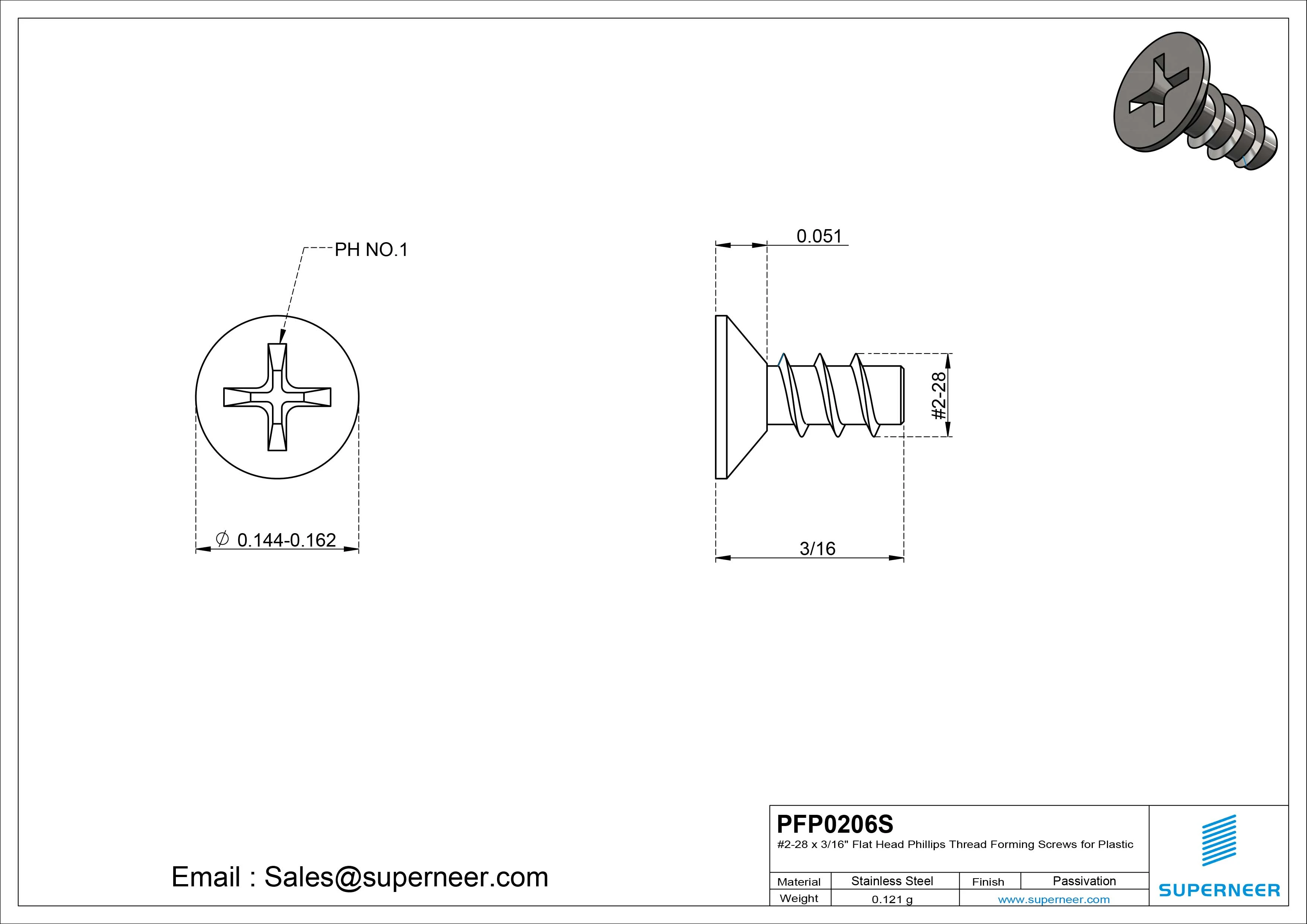 2 &times; 3/8" Flat Head Phillips Thread Forming inch Screws for Plastic  SUS304 Stainless Steel Inox