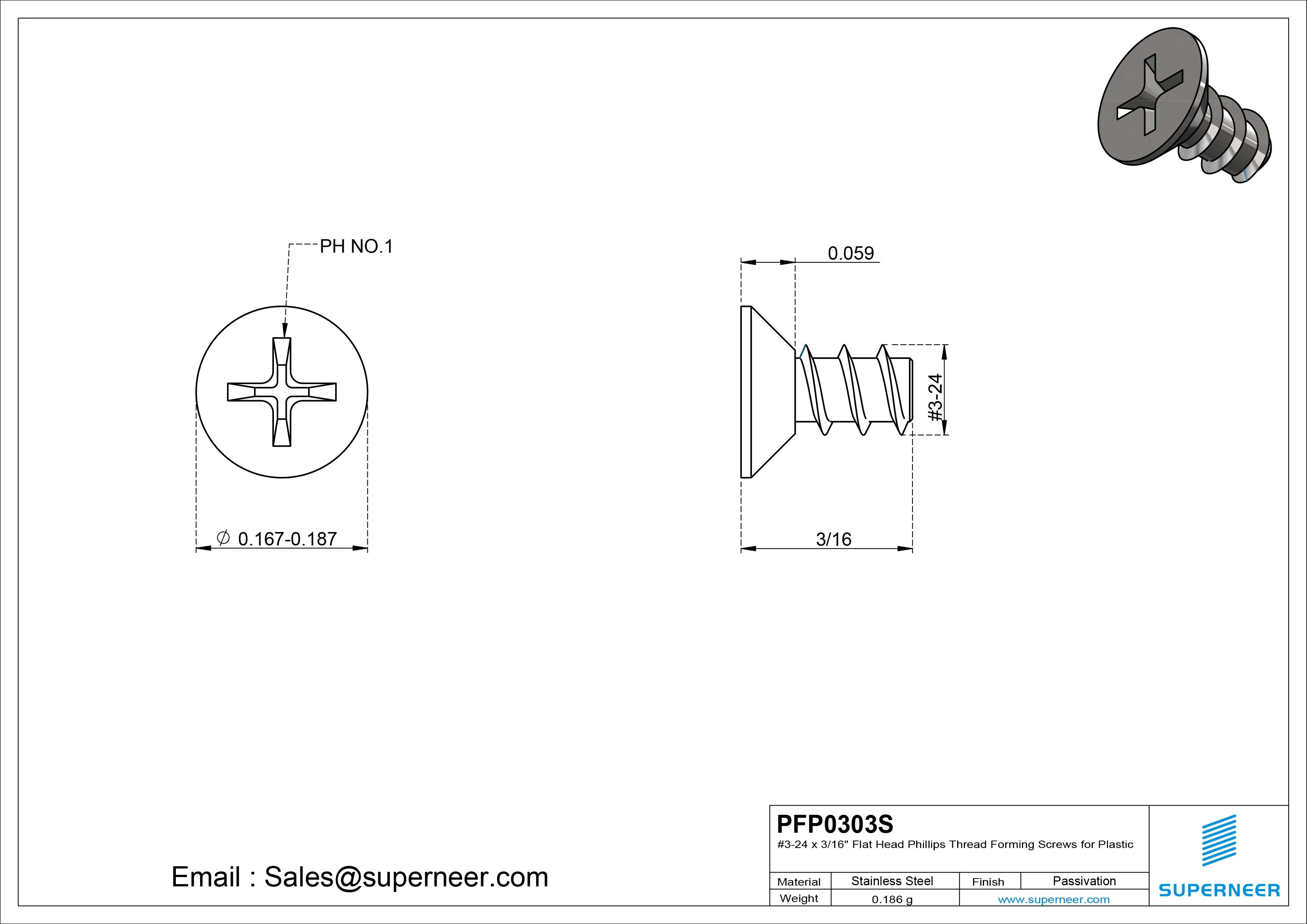 3 &times; 3/16" Flat Head Phillips Thread Forming inch Screws for Plastic  SUS304 Stainless Steel Inox
