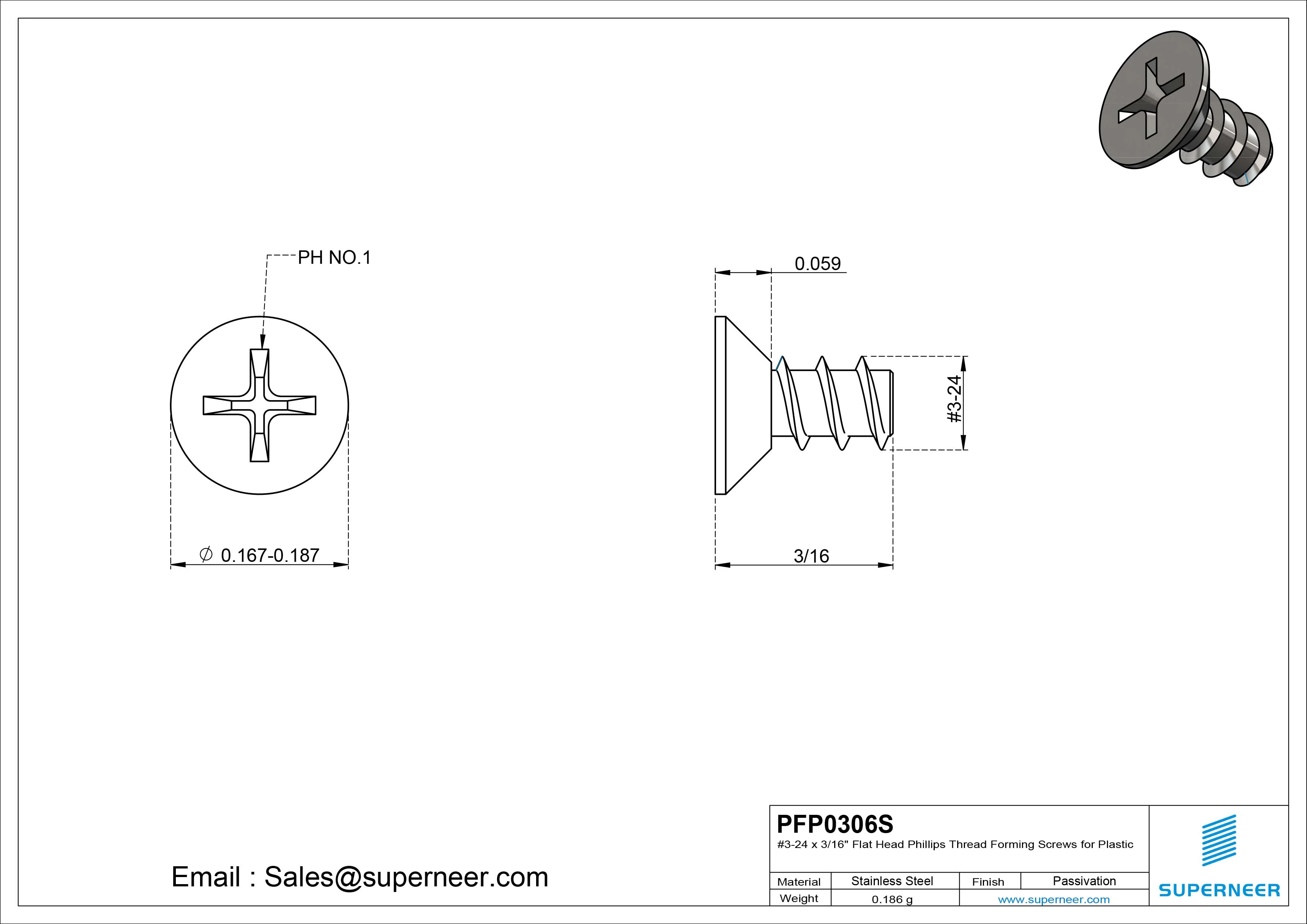 3 &times; 3/8" Flat Head Phillips Thread Forming inch Screws for Plastic  SUS304 Stainless Steel Inox