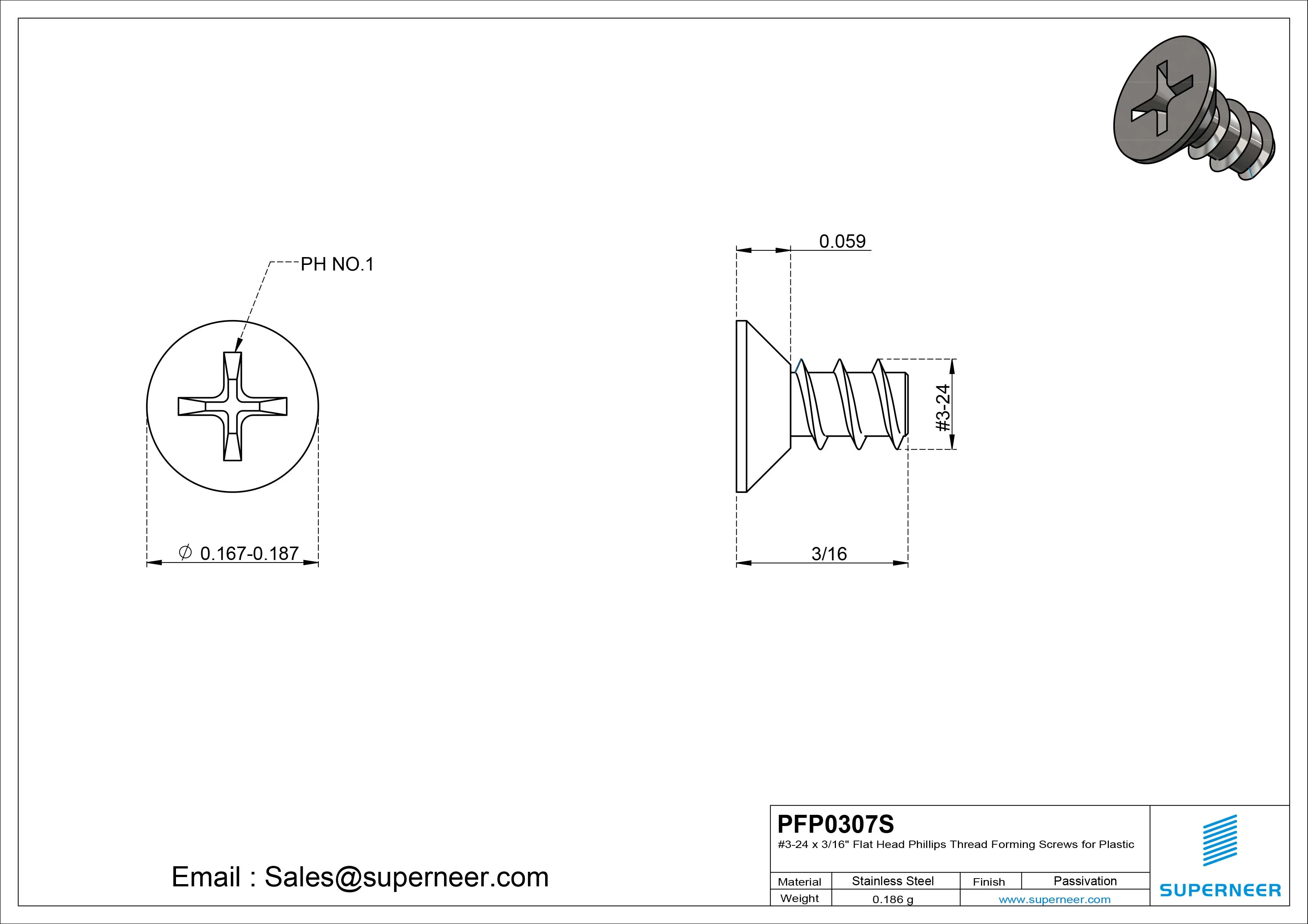 3 &times; 7/16" Flat Head Phillips Thread Forming inch Screws for Plastic  SUS304 Stainless Steel Inox