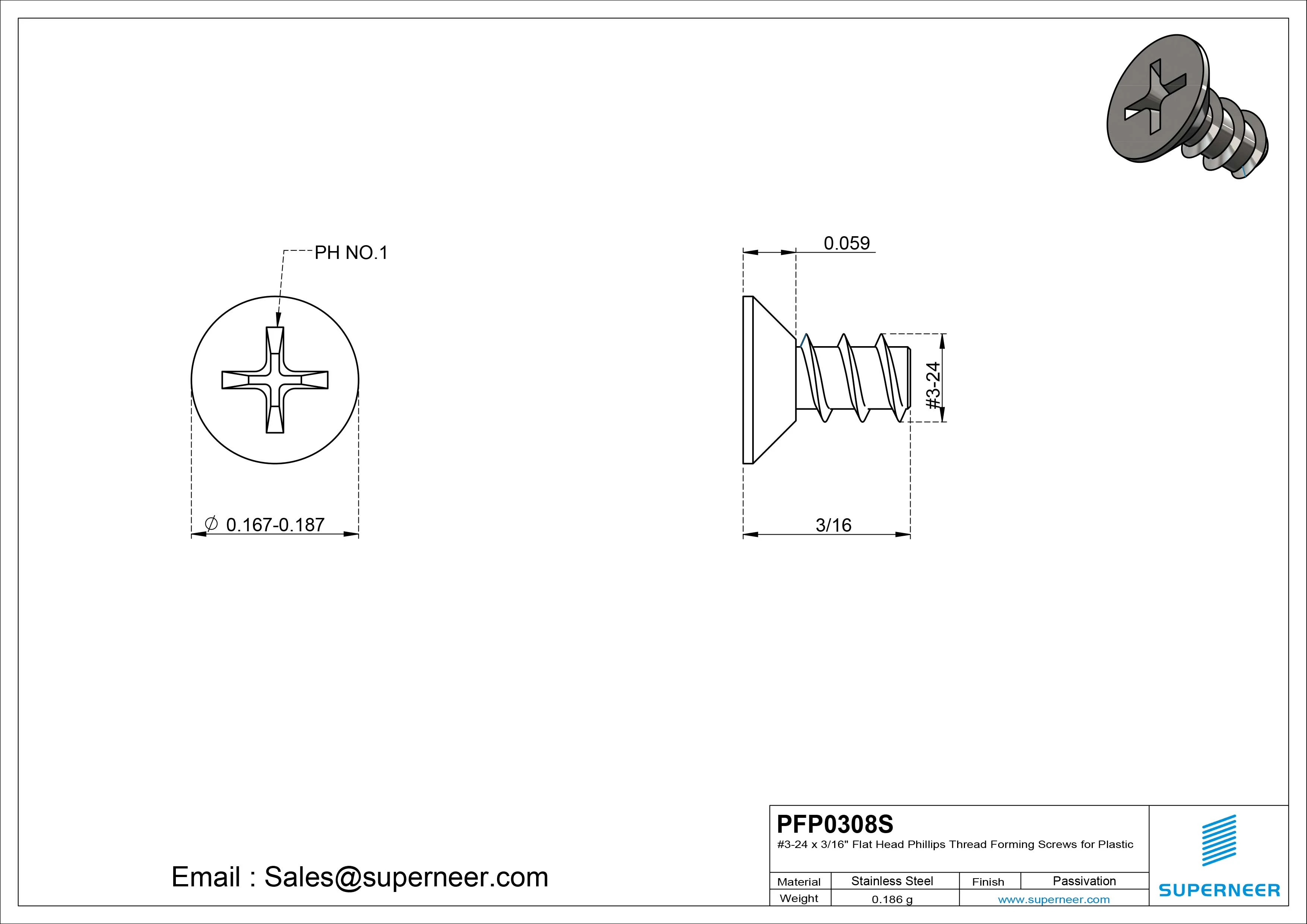 3 &times; 1/2" Flat Head Phillips Thread Forming inch Screws for Plastic  SUS304 Stainless Steel Inox