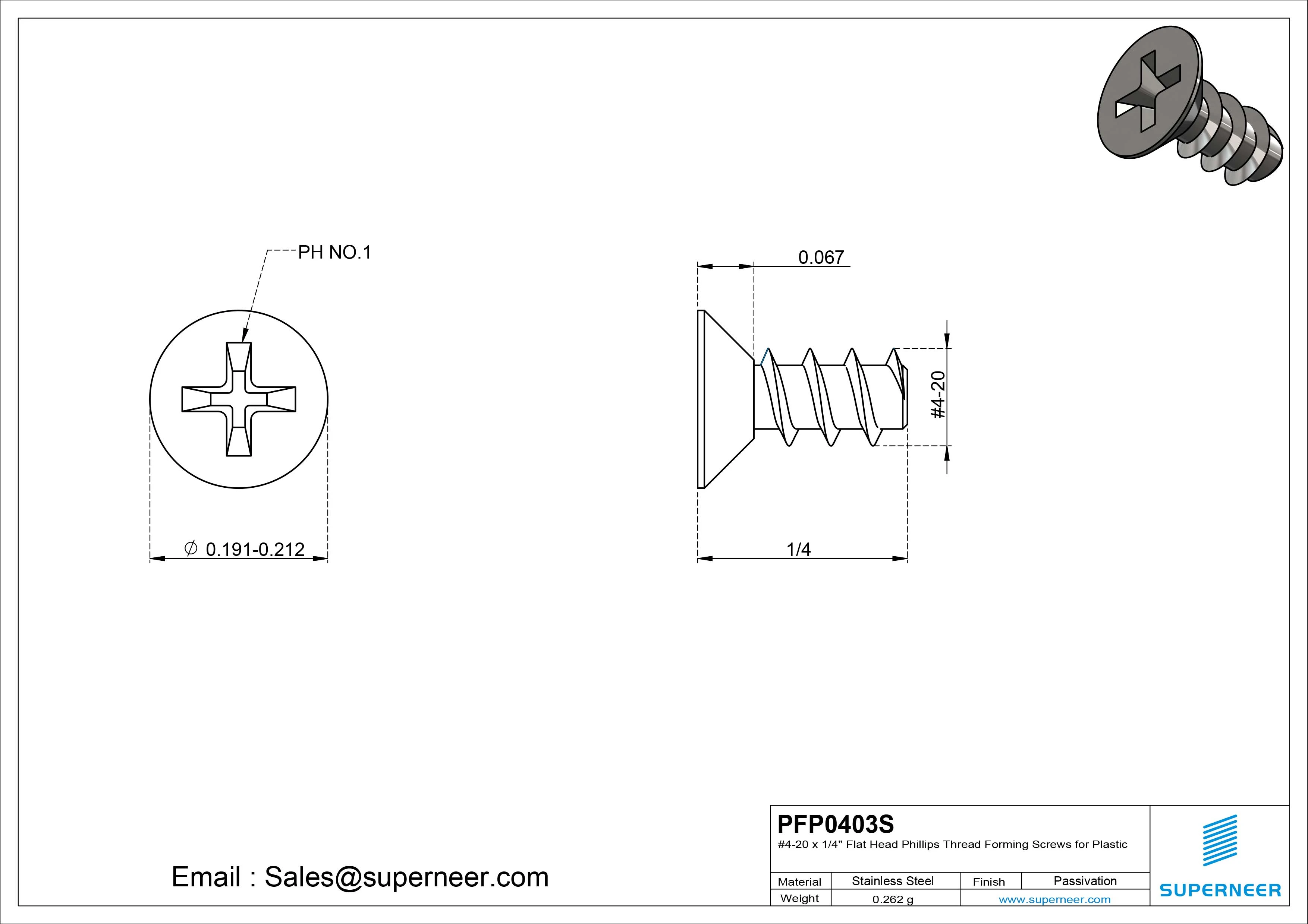 4 &times; 3/16" Flat Head Phillips Thread Forming inch Screws for Plastic  SUS304 Stainless Steel Inox
