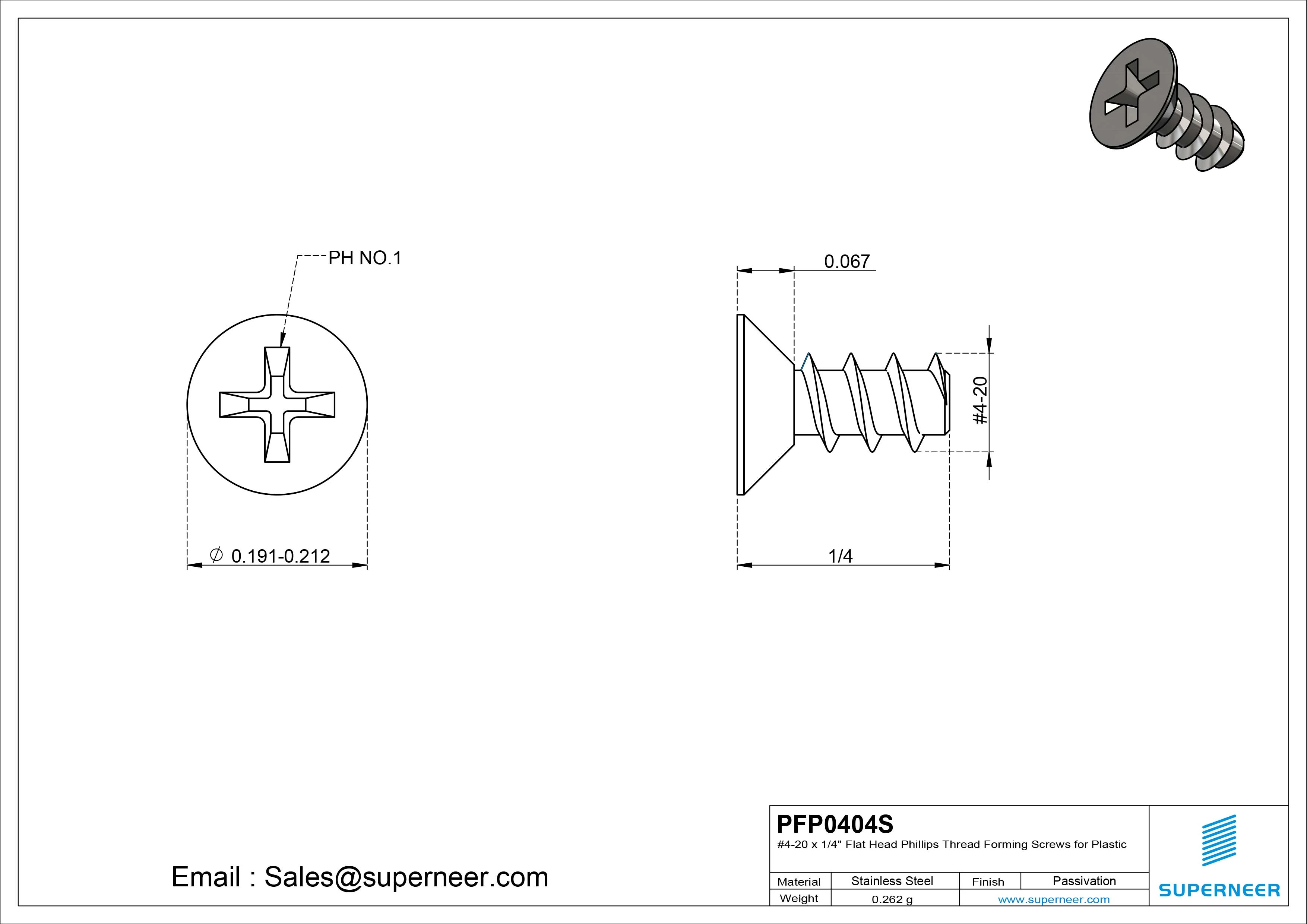 4 &times; 1/4" Flat Head Phillips Thread Forming inch Screws for Plastic  SUS304 Stainless Steel Inox