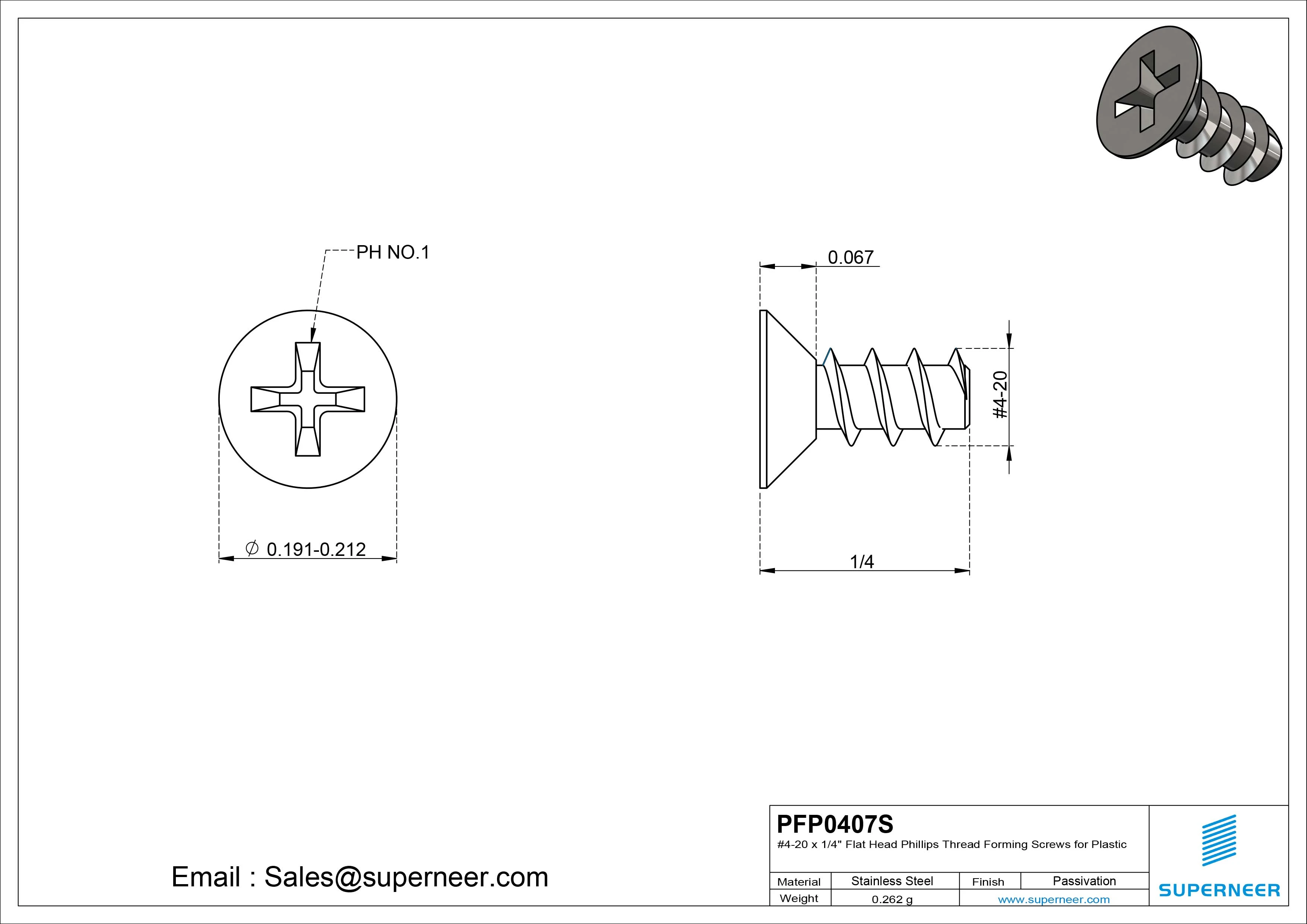 4 &times; 7/16" Flat Head Phillips Thread Forming inch Screws for Plastic  SUS304 Stainless Steel Inox
