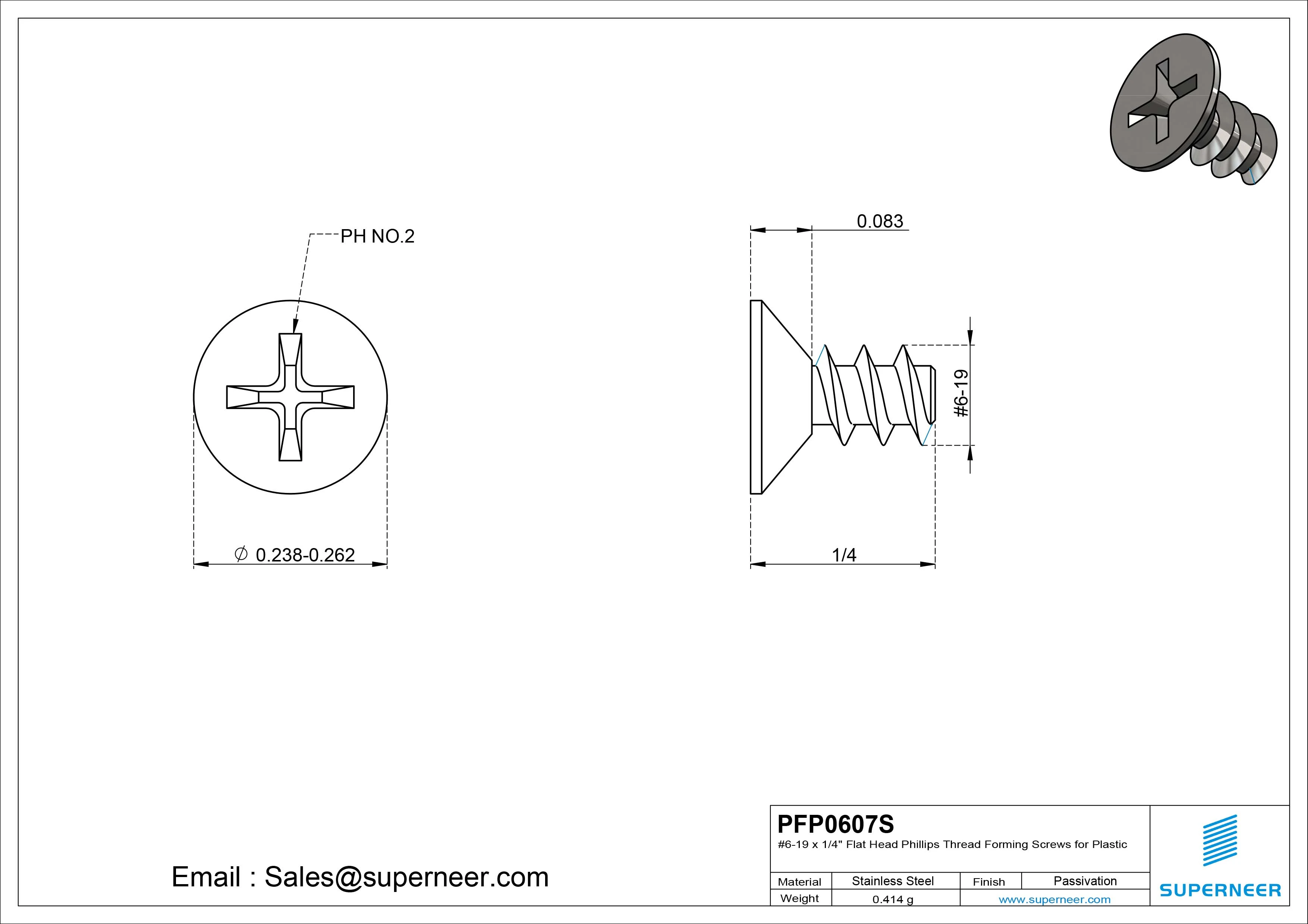 6 &times; 7/16" Flat Head Phillips Thread Forming inch Screws for Plastic  SUS304 Stainless Steel Inox