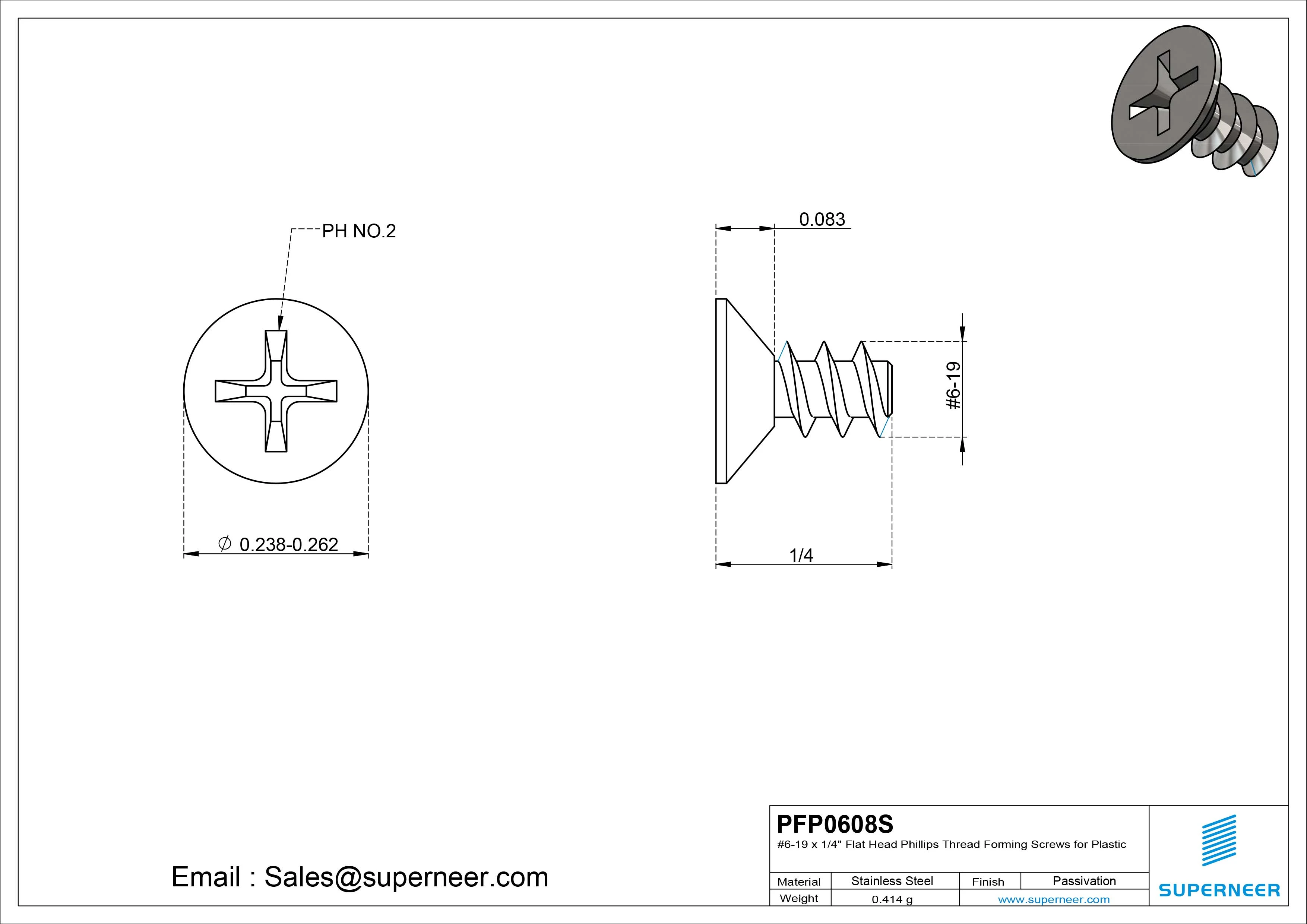 6 &times; 1/2" Flat Head Phillips Thread Forming inch Screws for Plastic  SUS304 Stainless Steel Inox