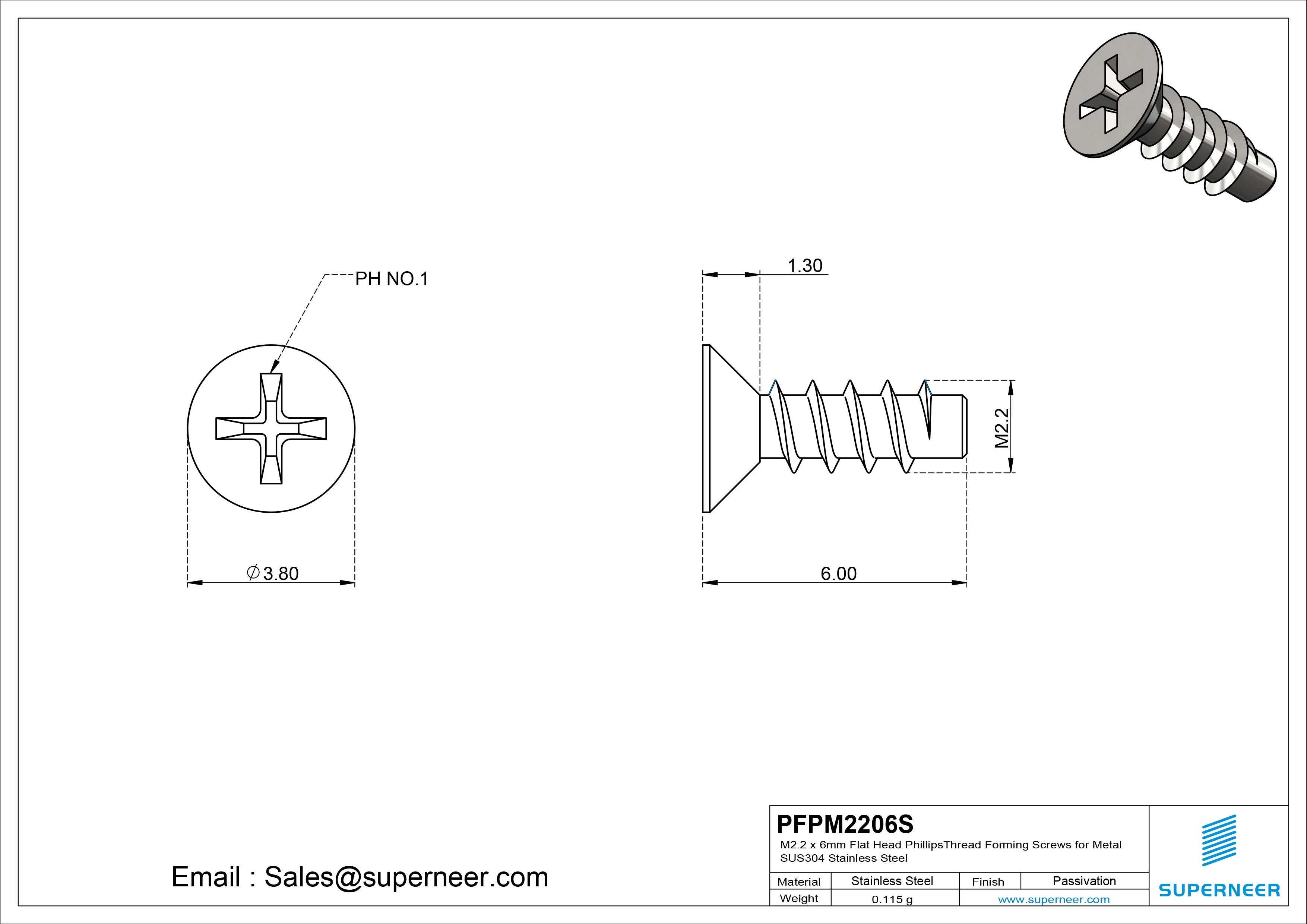 M2.2 &times; 6mm  Flat Head Phillips Thread Foming Screws for Plastic SUS304 Stainless Steel Inox