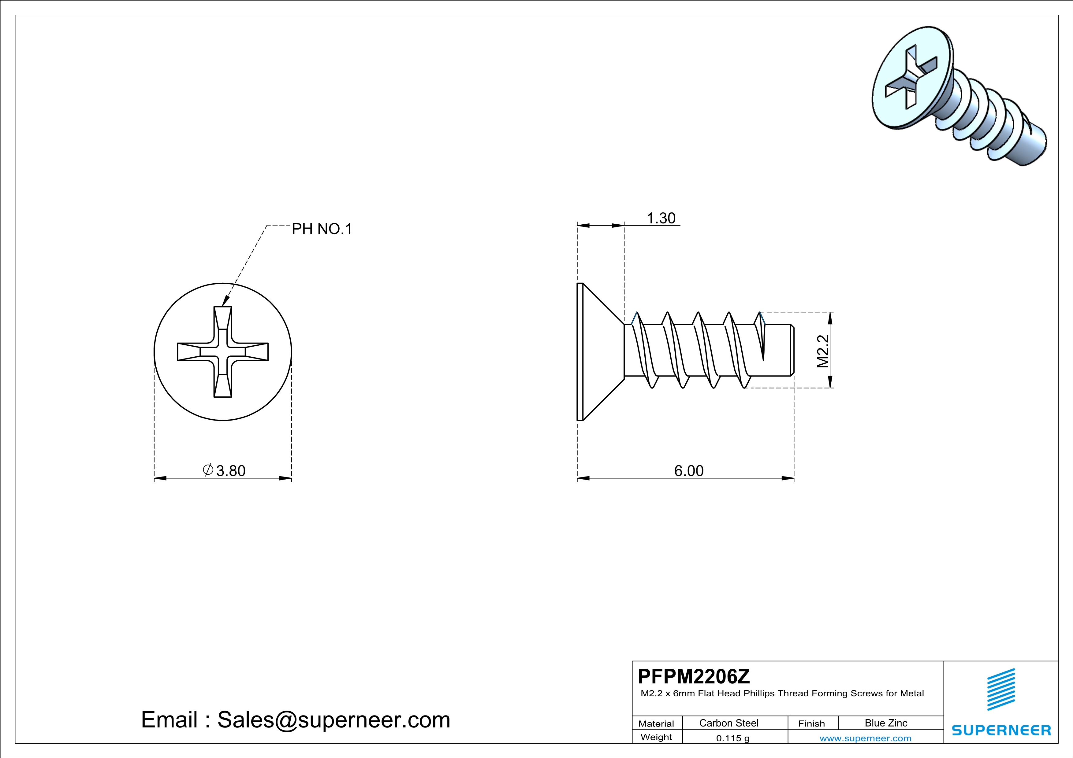 M2.2 &times; 6mm  Flat Head Phillips Thread Foming Screws for Plastic   Steel Blue Zinc Plated