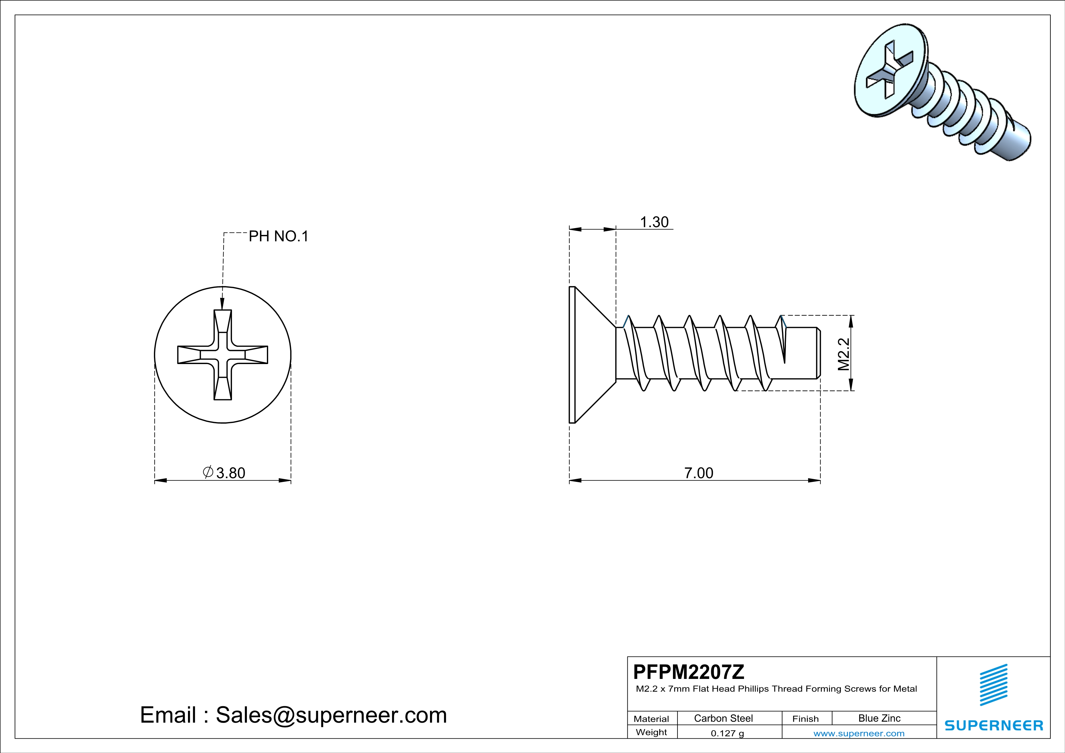 M2.2 &times; 7mm  Flat Head Phillips Thread Foming Screws for Plastic   Steel Blue Zinc Plated