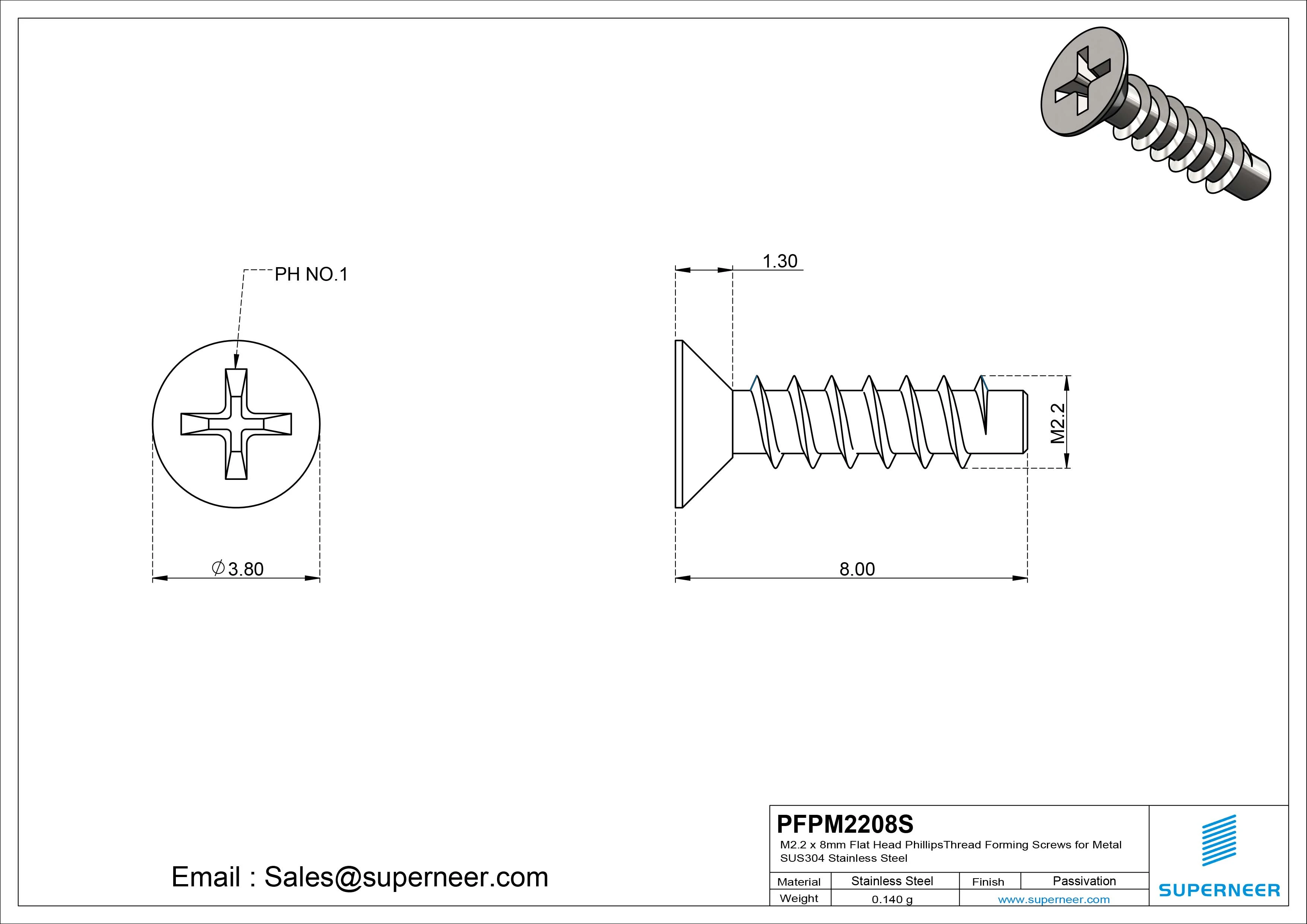M2.2 &times; 8mm  Flat Head Phillips Thread Foming Screws for Plastic SUS304 Stainless Steel Inox