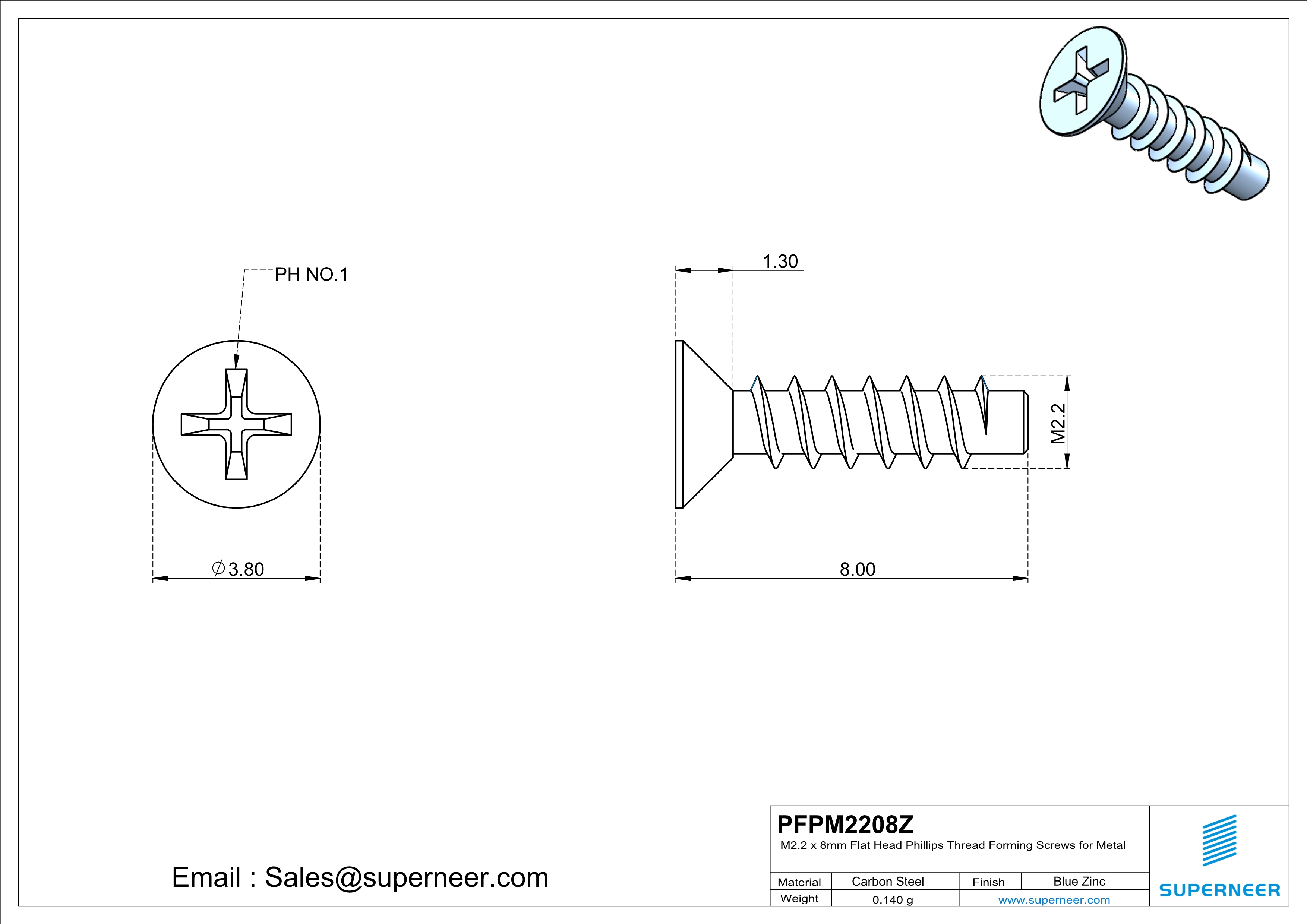 M2.2 &times; 8mm  Flat Head Phillips Thread Foming Screws for Plastic   Steel Blue Zinc Plated