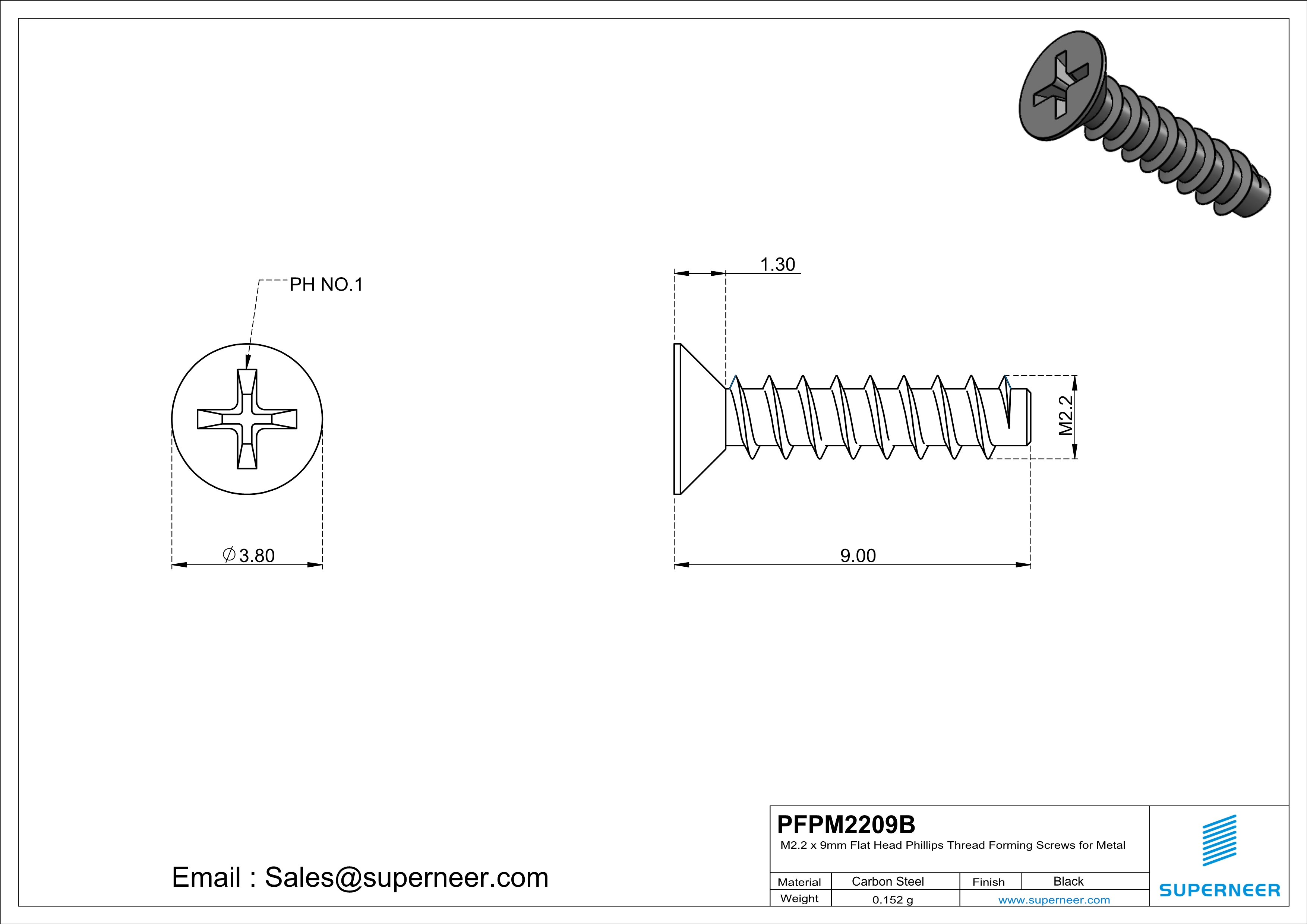 M2.2 &times; 9mm  Flat Head Phillips Thread Foming Screws for Plastic   Steel Black