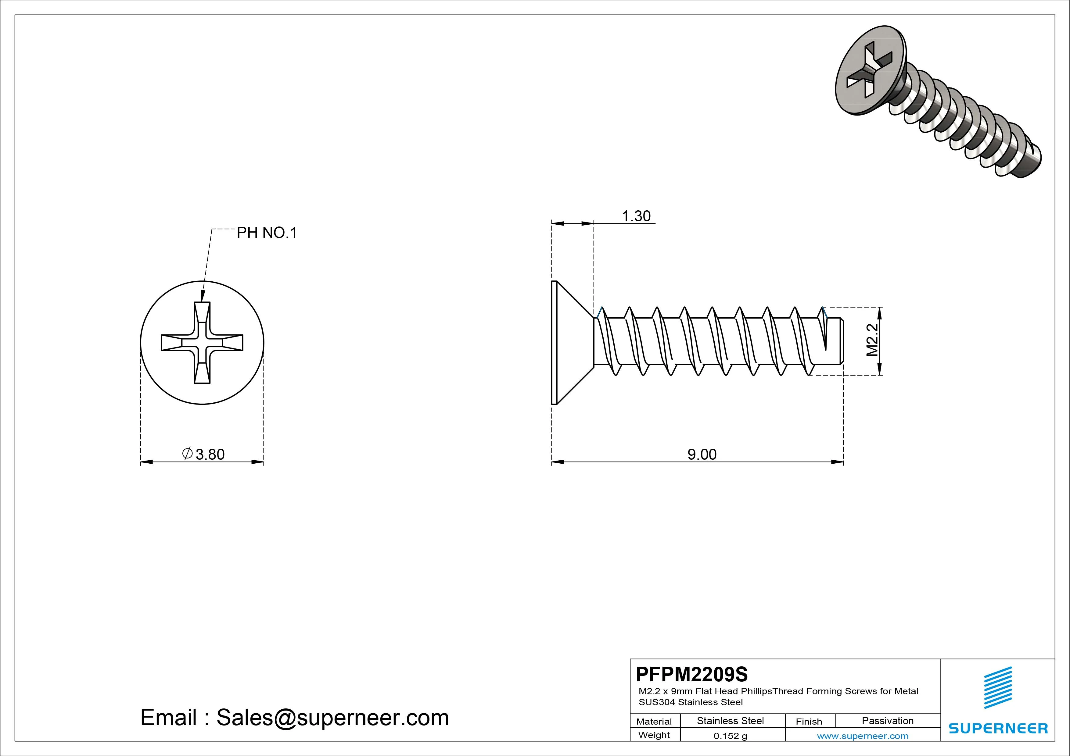 M2.2 &times; 9mm  Flat Head Phillips Thread Foming Screws for Plastic SUS304 Stainless Steel Inox