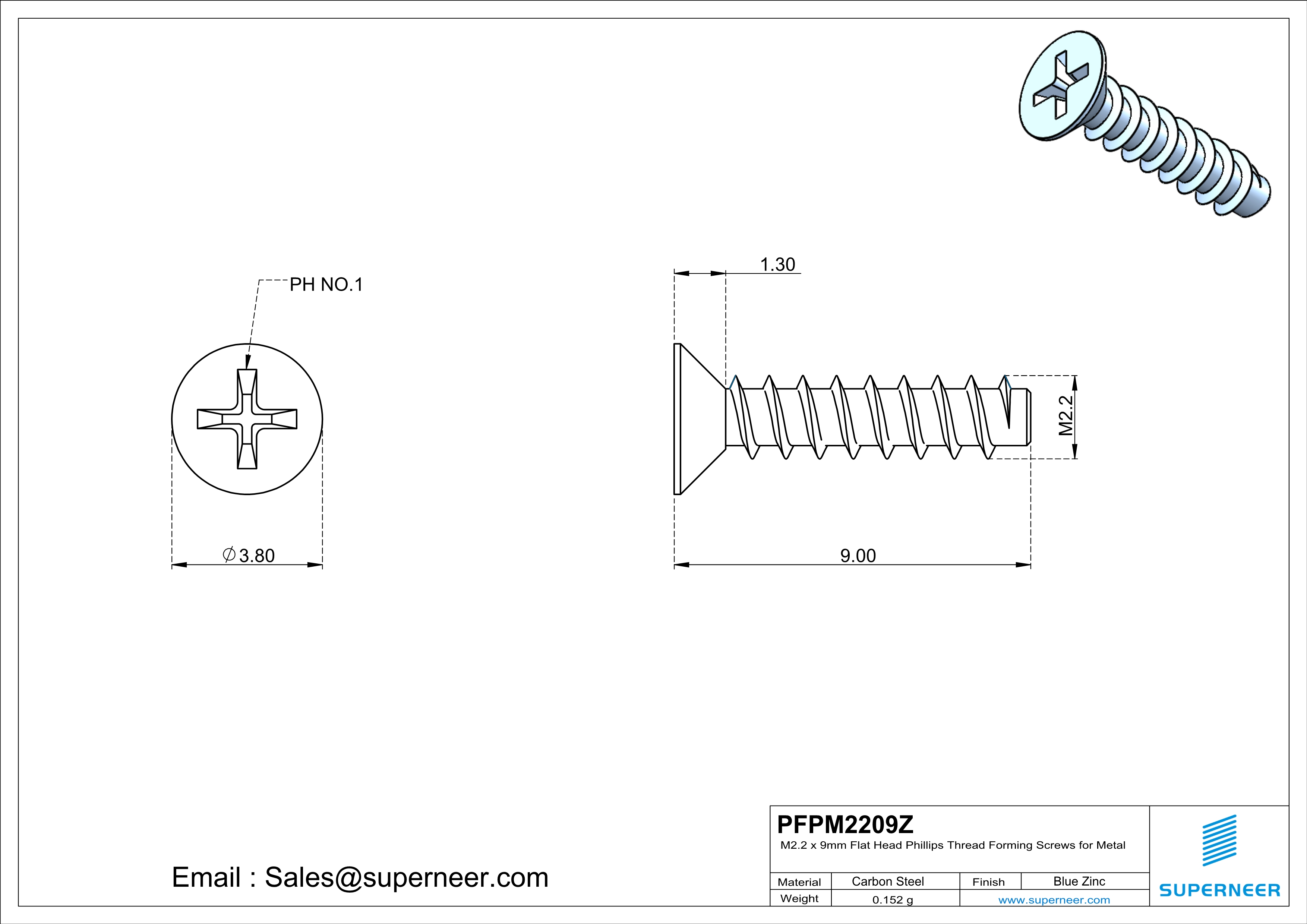 M2.2 &times; 9mm  Flat Head Phillips Thread Foming Screws for Plastic   Steel Blue Zinc Plated
