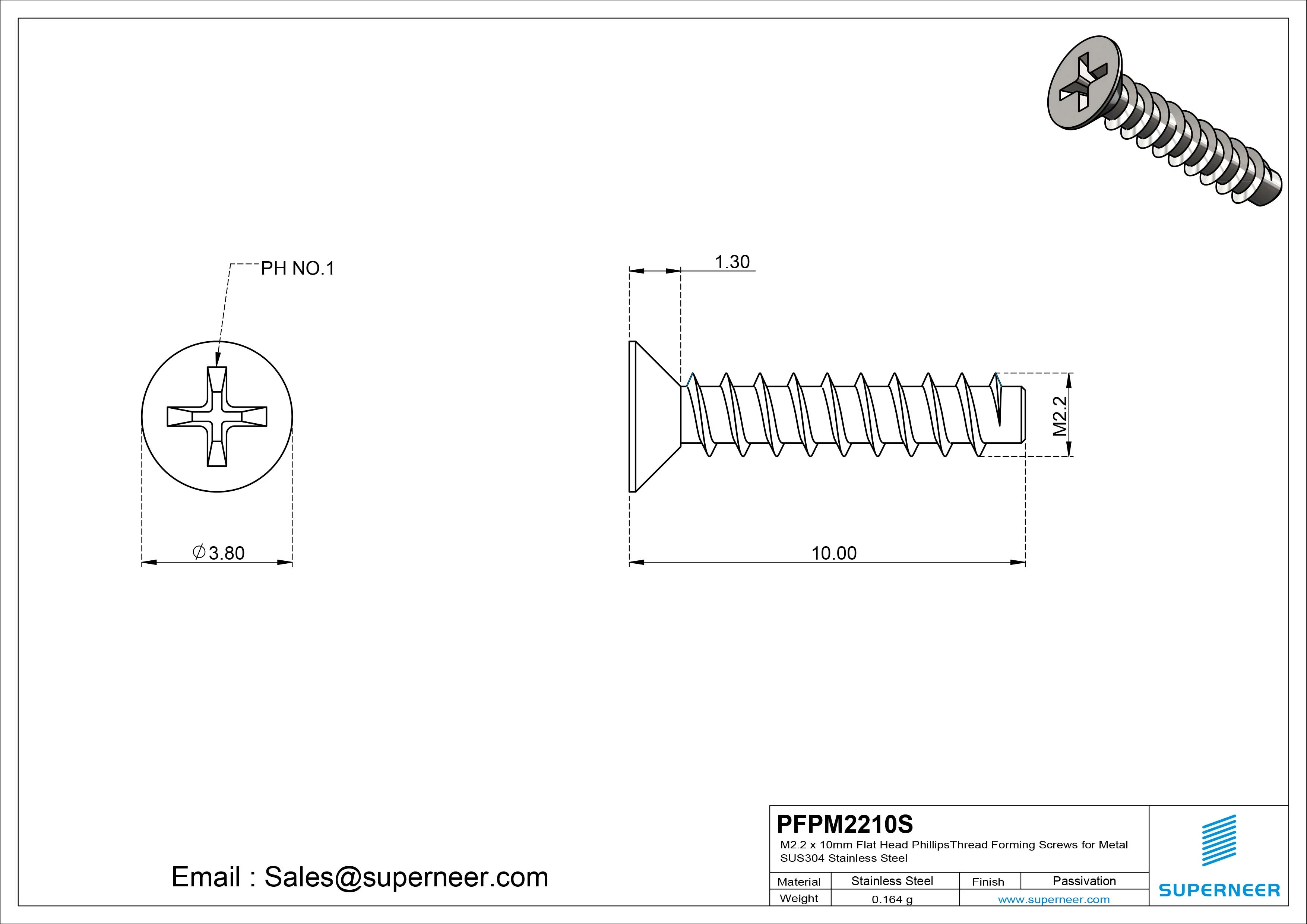 M2.2 &times; 10mm  Flat Head Phillips Thread Foming Screws for Plastic SUS304 Stainless Steel Inox