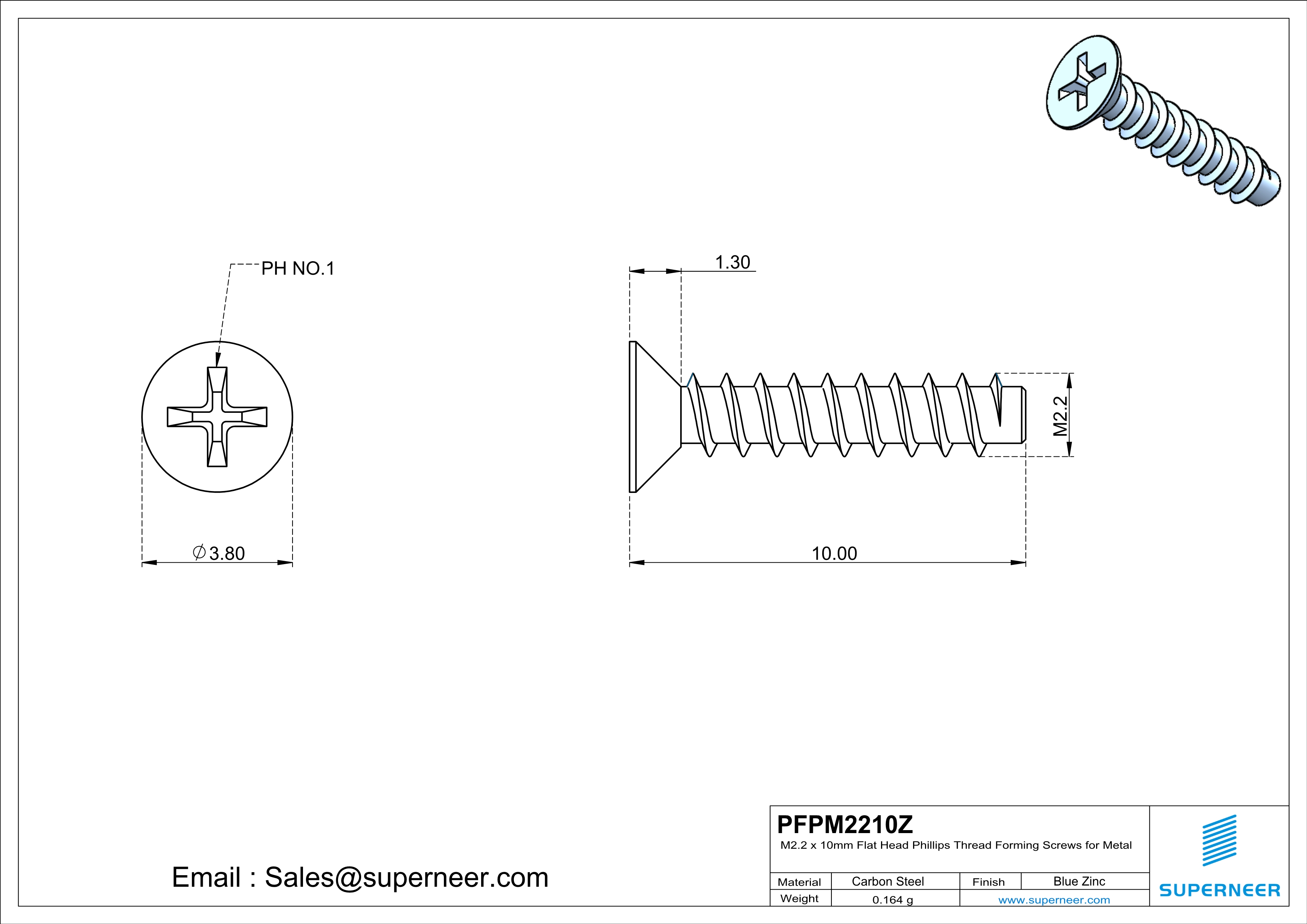 M2.2 &times; 10mm  Flat Head Phillips Thread Foming Screws for Plastic   Steel Blue Zinc Plated