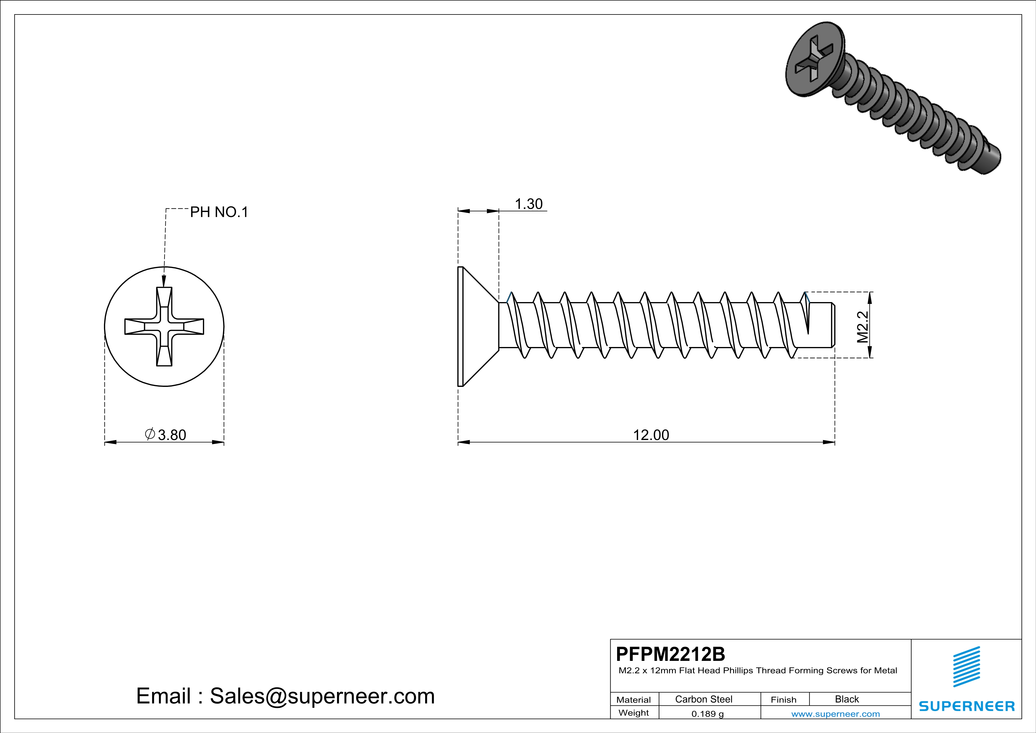 M2.2 &times; 12mm  Flat Head Phillips Thread Foming Screws for Plastic   Steel Black