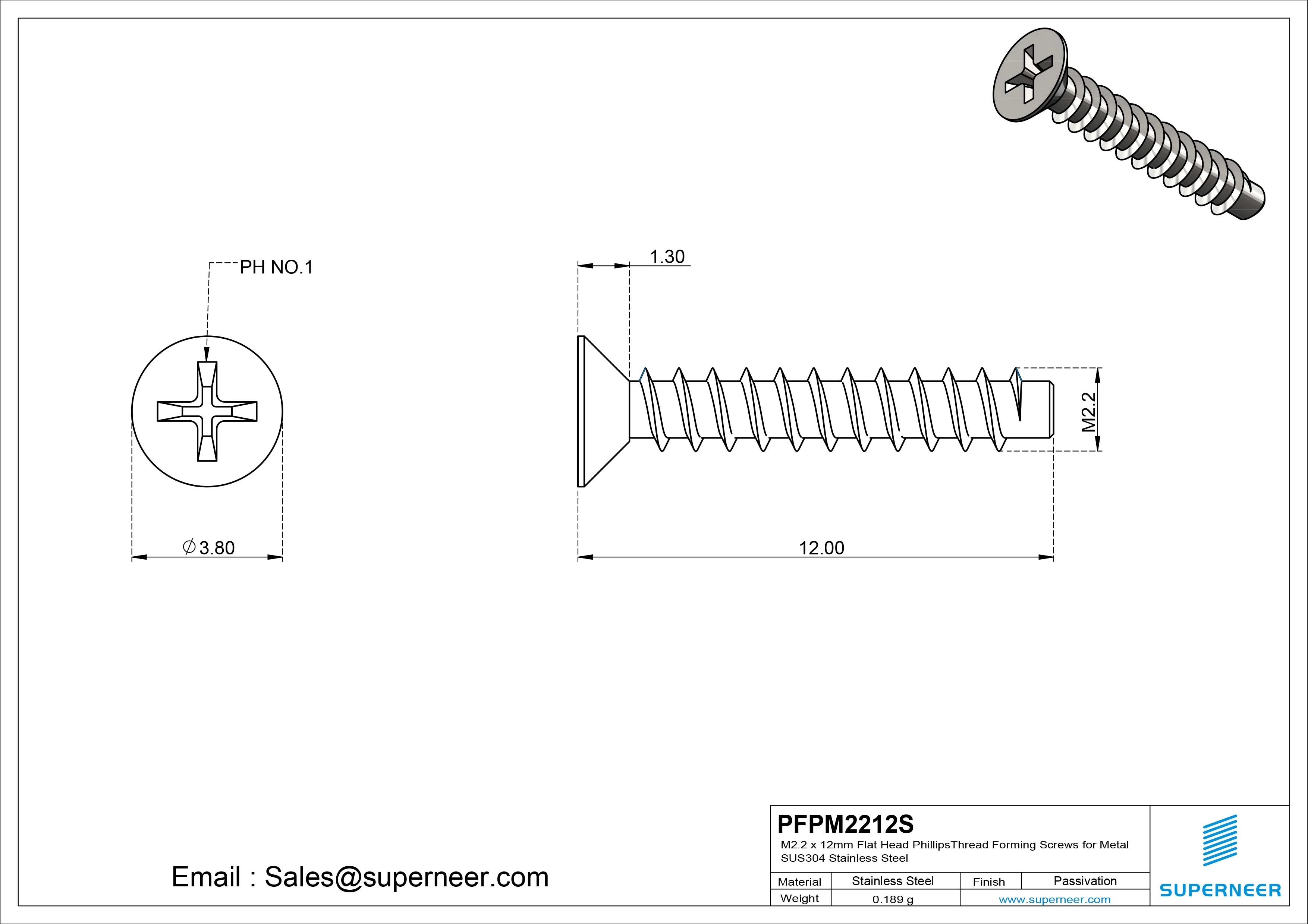 M2.2 &times; 12mm  Flat Head Phillips Thread Foming Screws for Plastic SUS304 Stainless Steel Inox