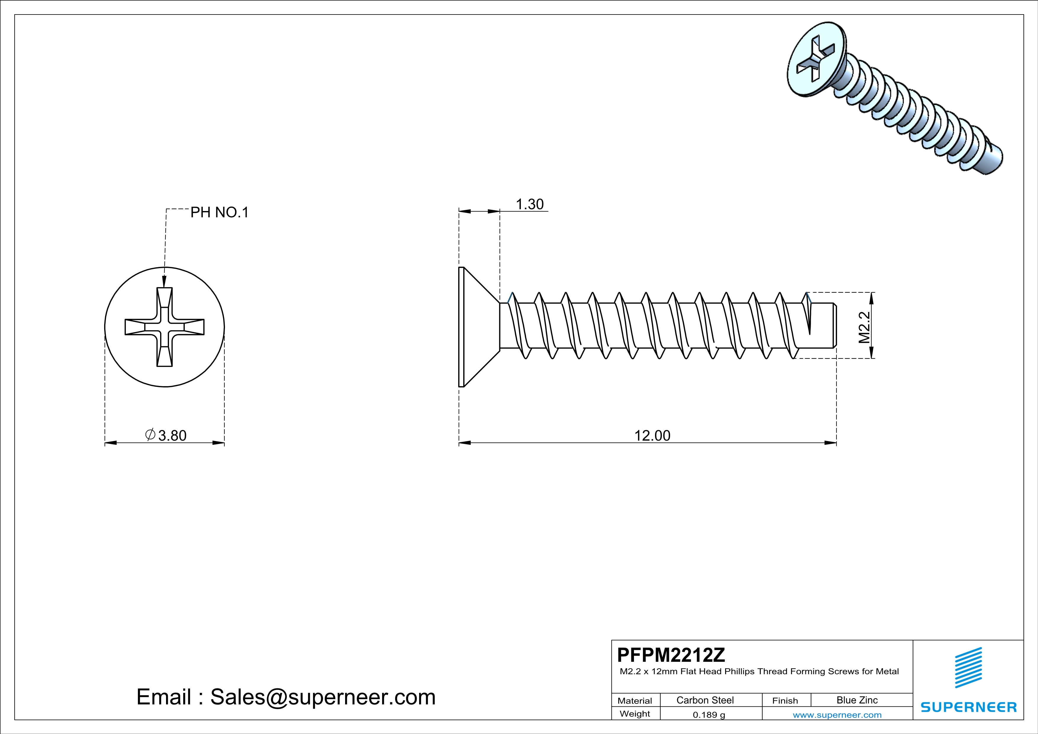 M2.2 &times; 12mm  Flat Head Phillips Thread Foming Screws for Plastic   Steel Blue Zinc Plated