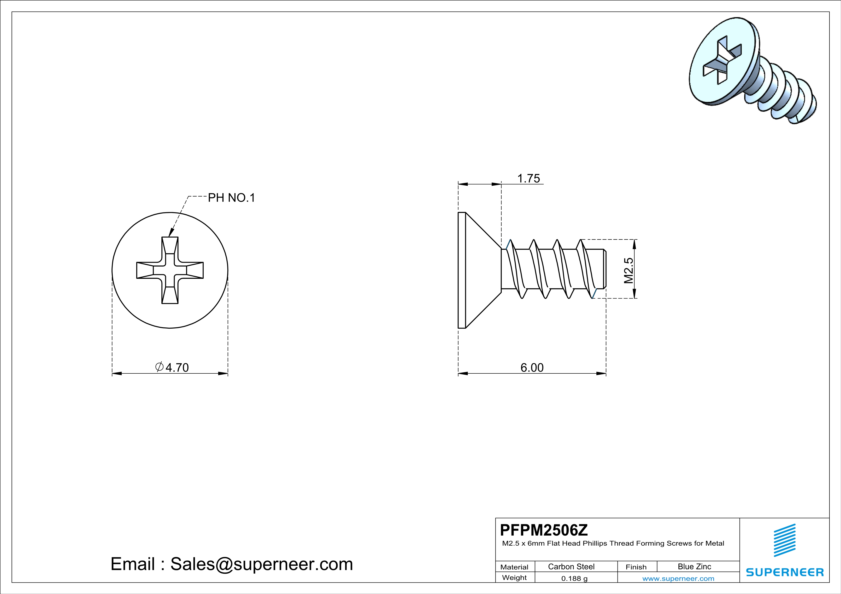 M2.5 &times; 6mm  Flat Head Phillips Thread Foming Screws for Plastic   Steel Blue Zinc Plated