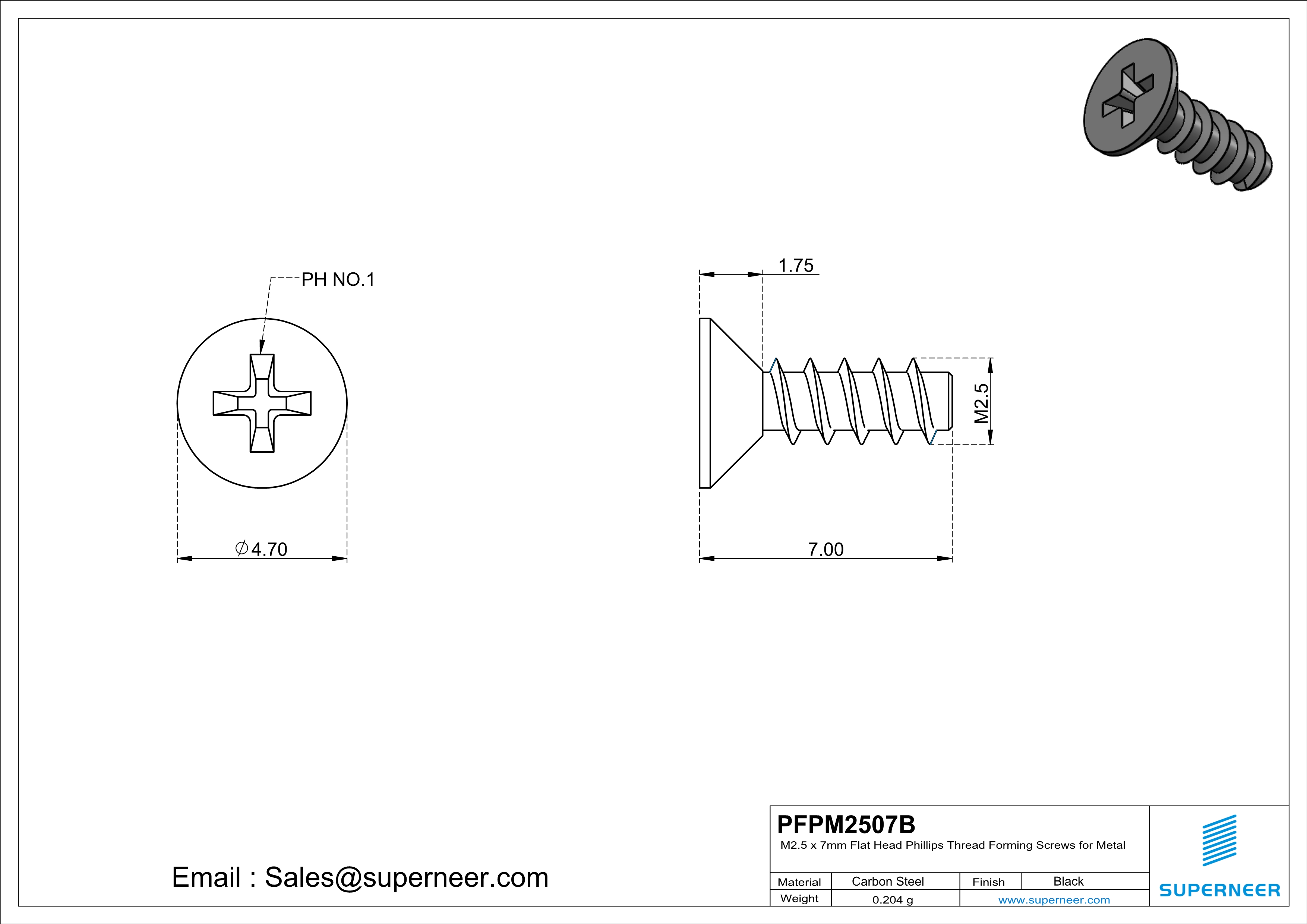 M2.5 &times; 7mm  Flat Head Phillips Thread Foming Screws for Plastic   Steel Black