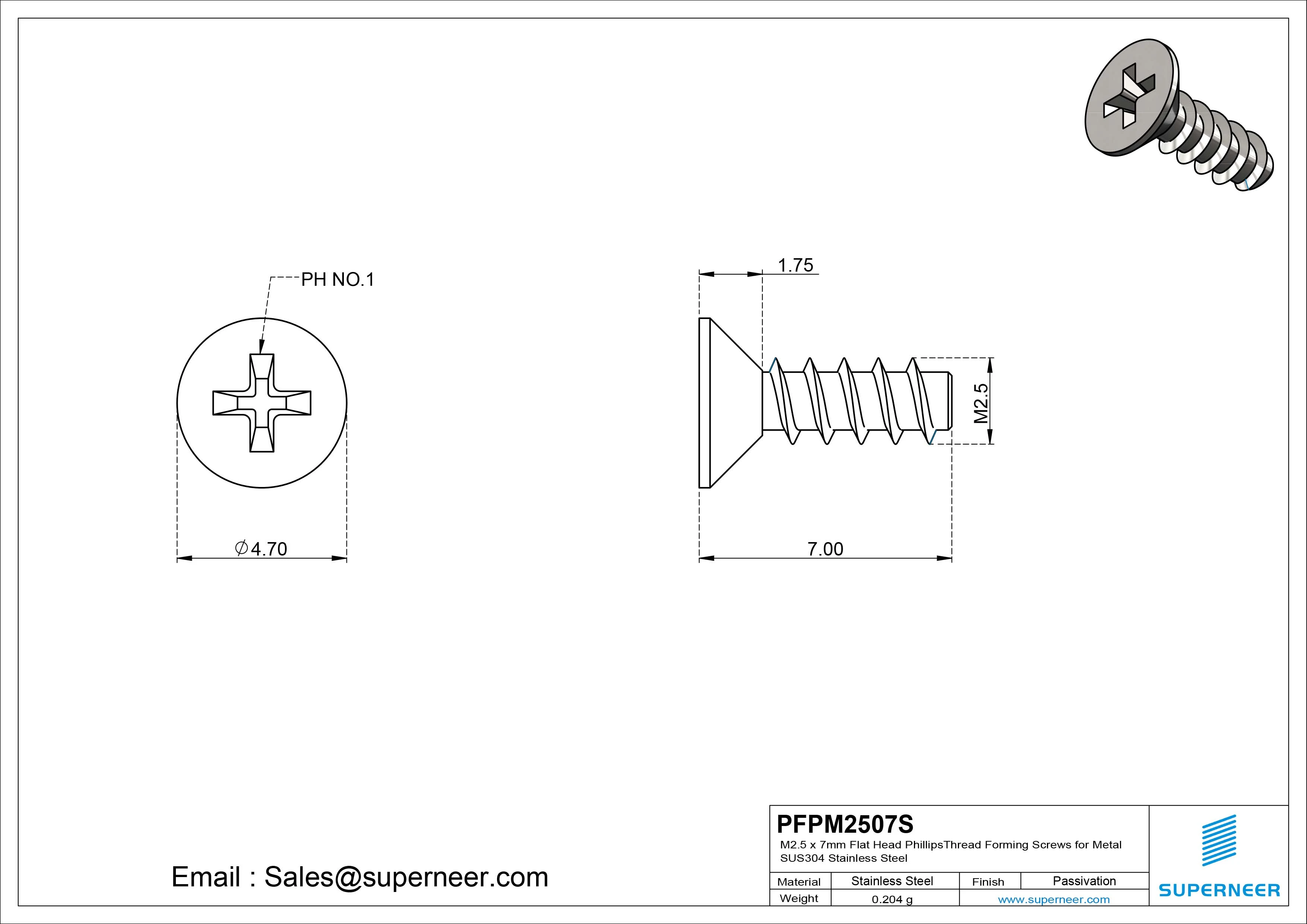 M2.5 &times; 7mm  Flat Head Phillips Thread Foming Screws for Plastic SUS304 Stainless Steel Inox